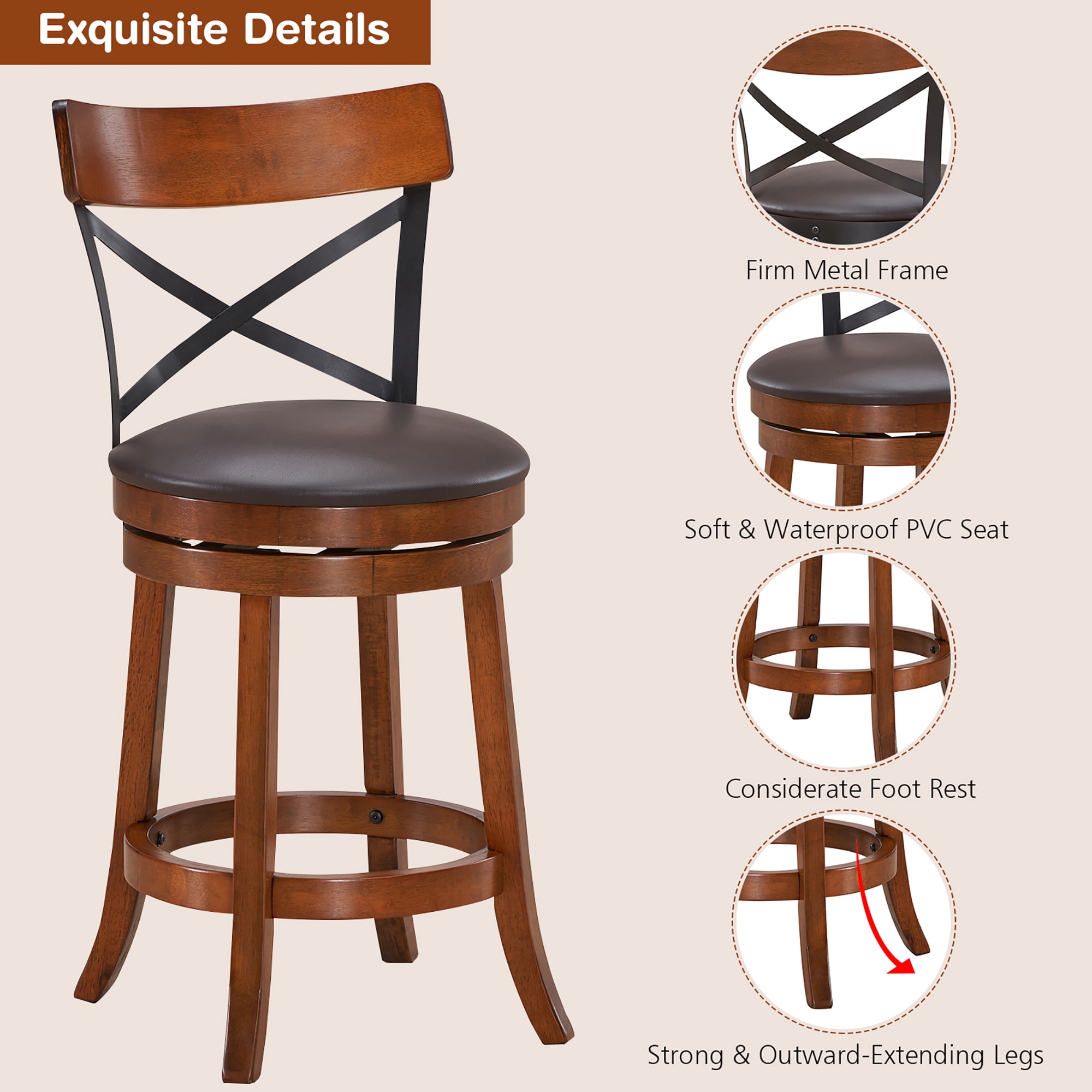 Costway Set of 2 Bar Stools Swivel 25'' Dining Bar Chairs with Rubber Wood Legs - Image 10