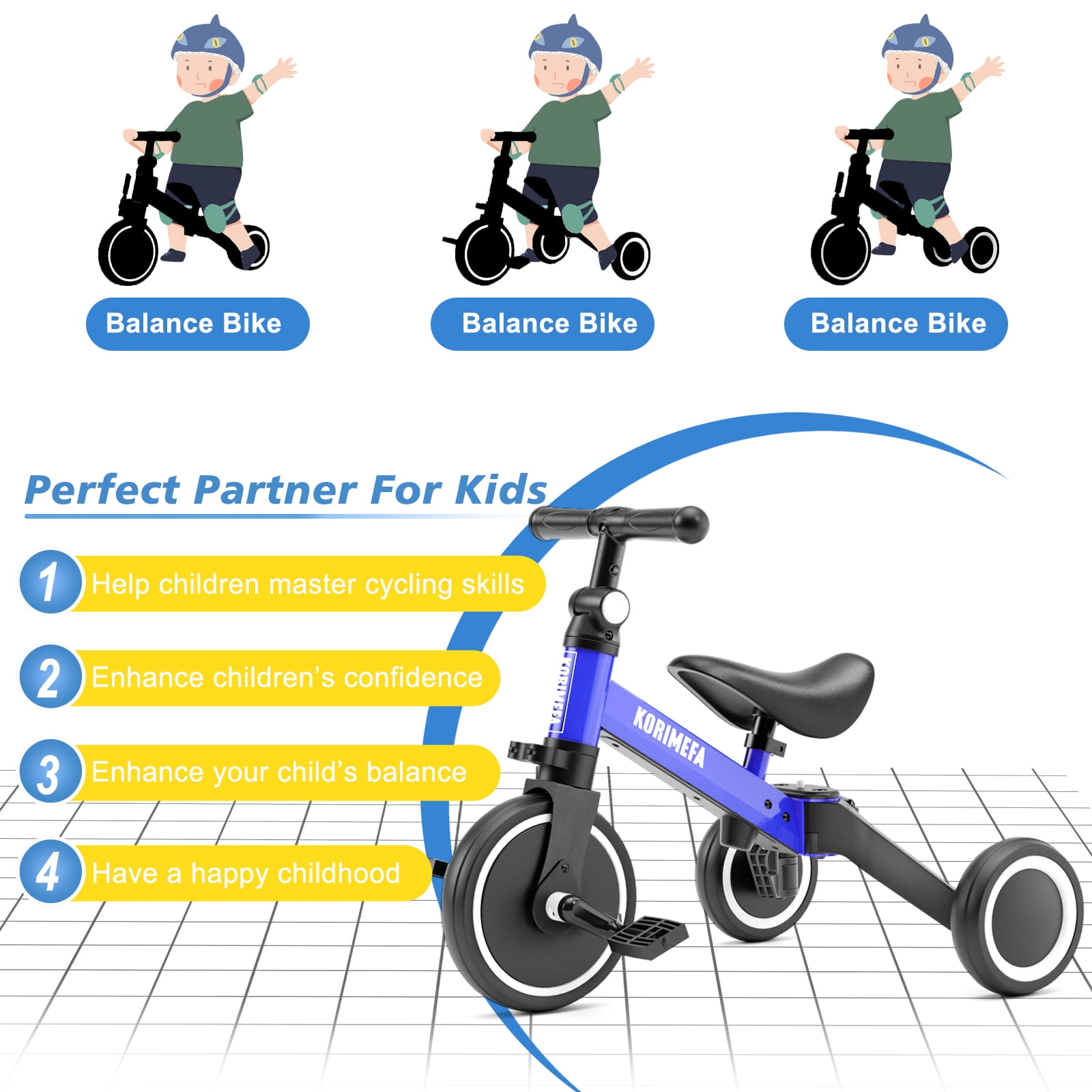 KORIMEFA 5 in 1 Toddler Bike for 1-4 Years Old Kids, Kids Trike Tricycle for Balance Training, Baby Bike Toys Gift for Boy & Girl - Image 9
