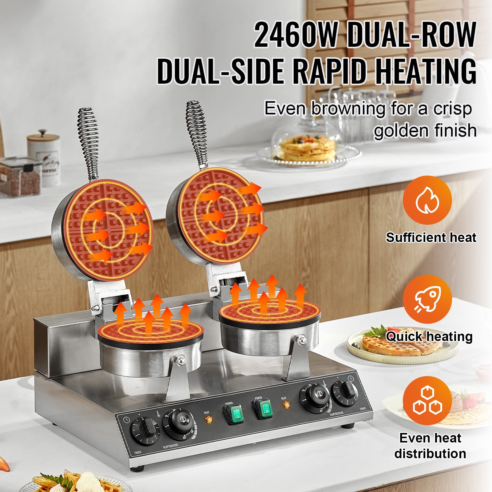 KFFKFF Double Head Commercial Waffle Maker, Round Belgian Waffle Cooking Device, 2460W, Non-Stick, with Temperature and Timer Settings, Ideal for Cafes, Bakeries, Snack Shops, and Home Use - Image 4