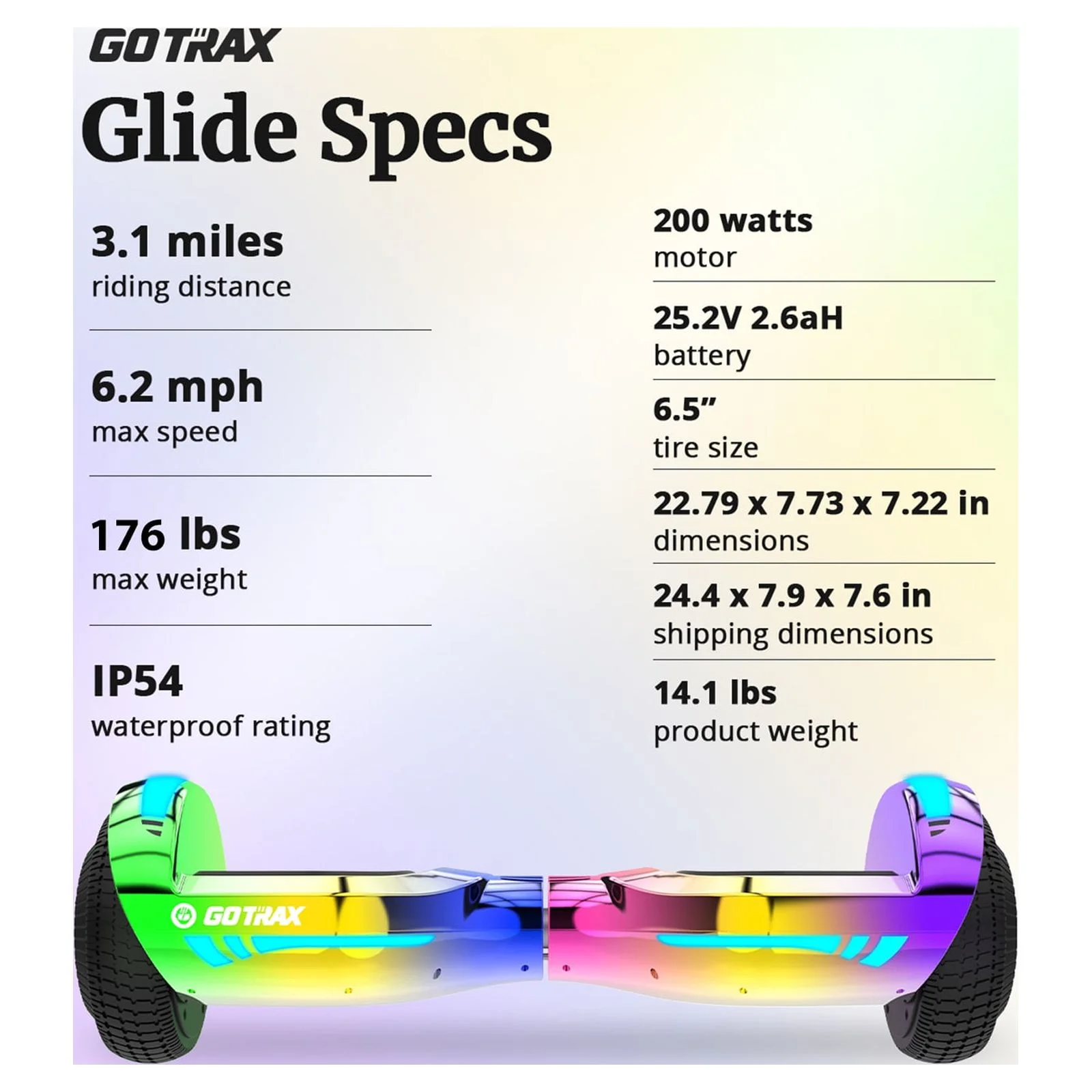 GOTRAX Glide Hoverboard with Bluetooth Speaker, 6.2 mph Max Speed, 6.5 Inch Wheels and LED Headlights - Image 7