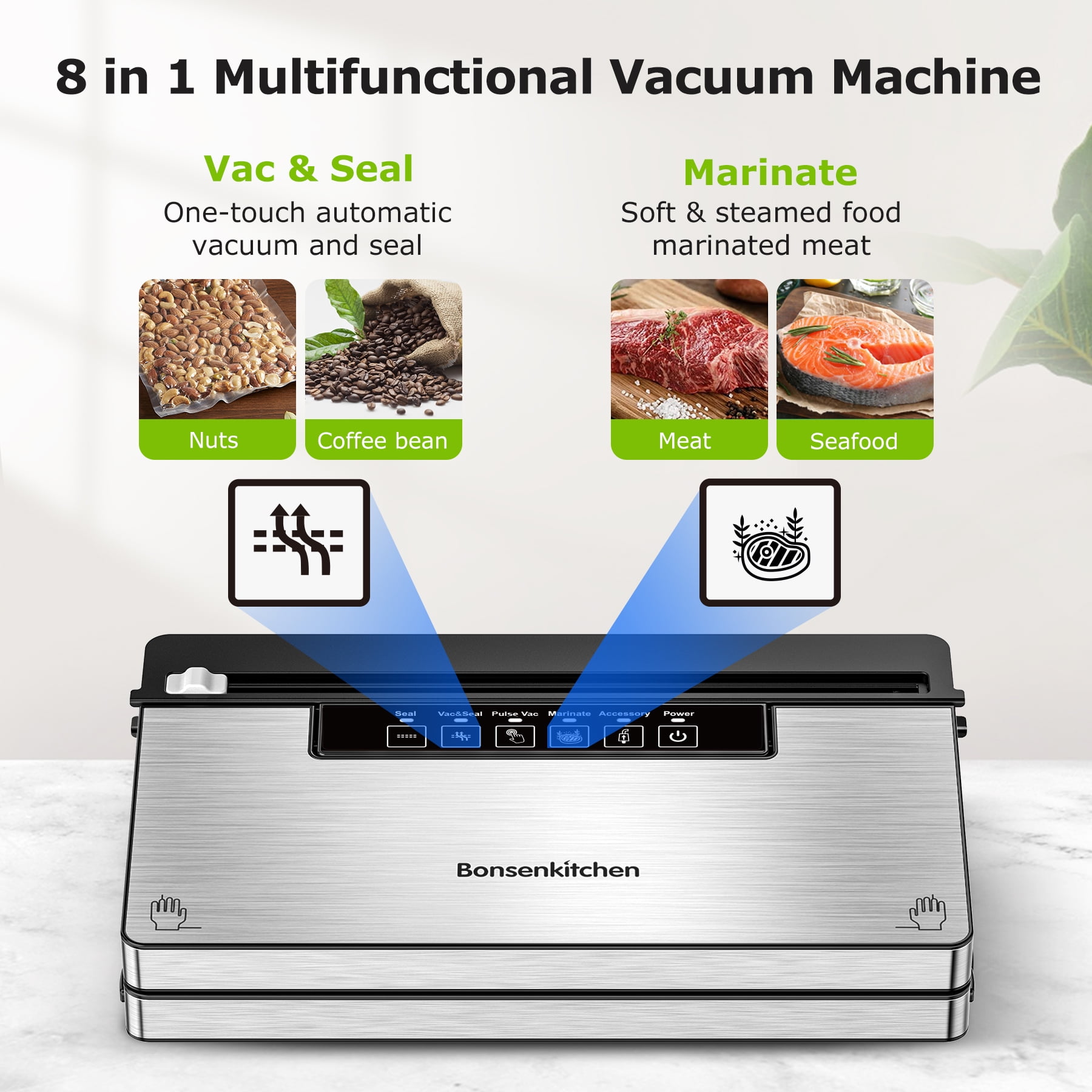 Bonsenkitchen Vacuum Sealer, Stainless Steel Food Sealer with Built-in Cutter and Bag Storage, include 1 Roll Bag & 99 Vacuum Bags - Image 4