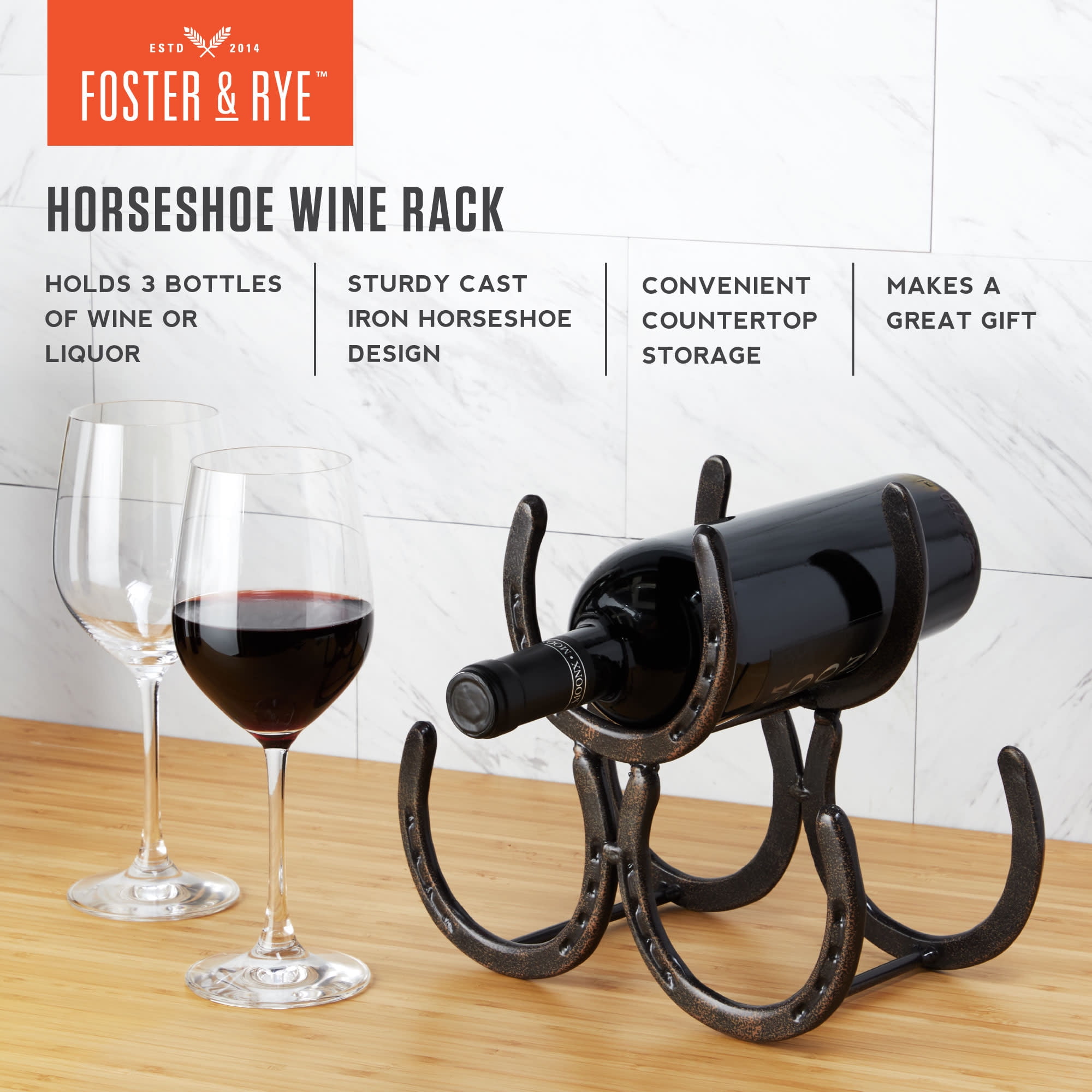 Foster & Rye Horseshoe 3 Bottle Countertop Wine Rack, Wine Bottle Holder - Image 2