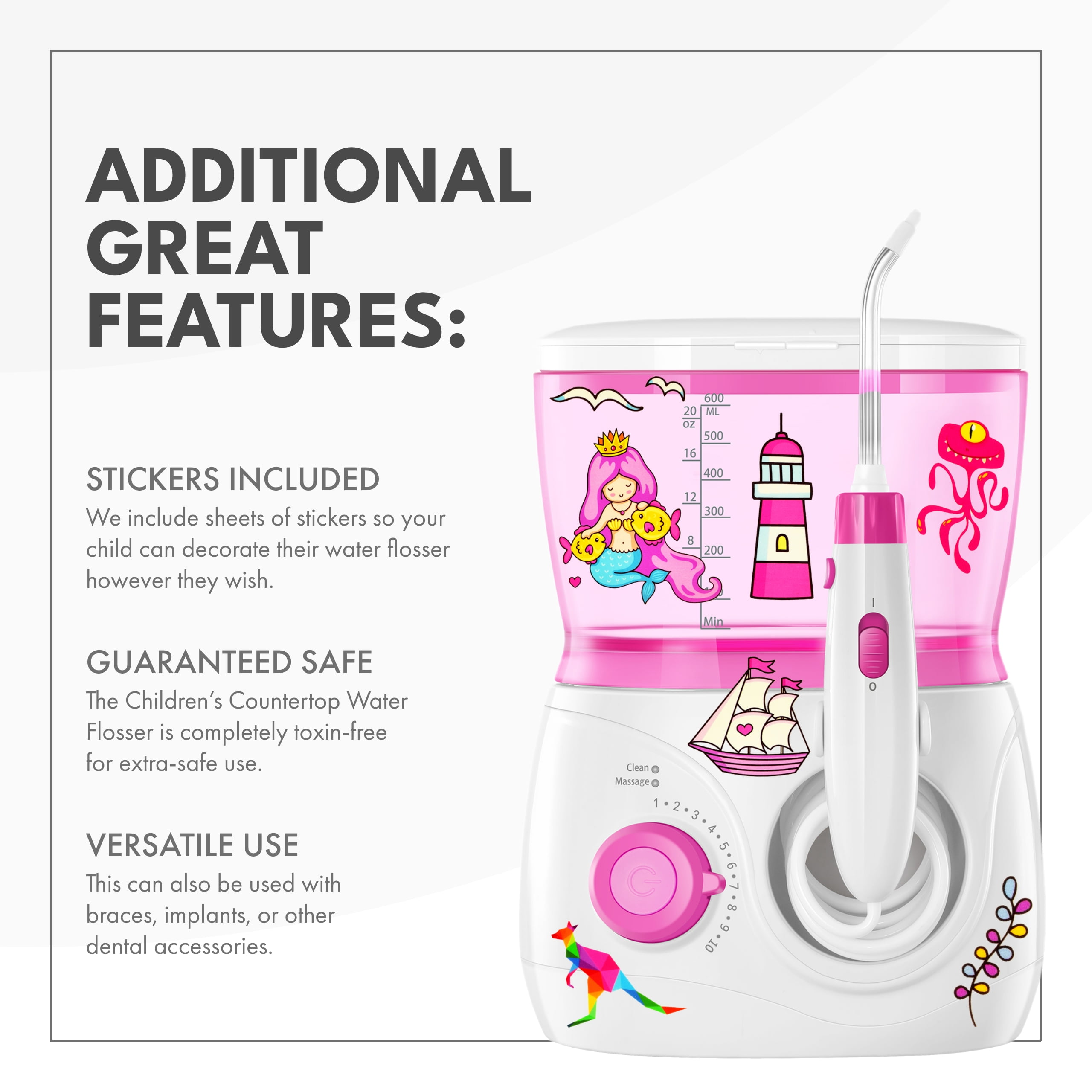 ToiletTree Products Water Flosser for Kids BPA-Free Portable Water Flosser with 600ml Capacity, Pink - Image 2