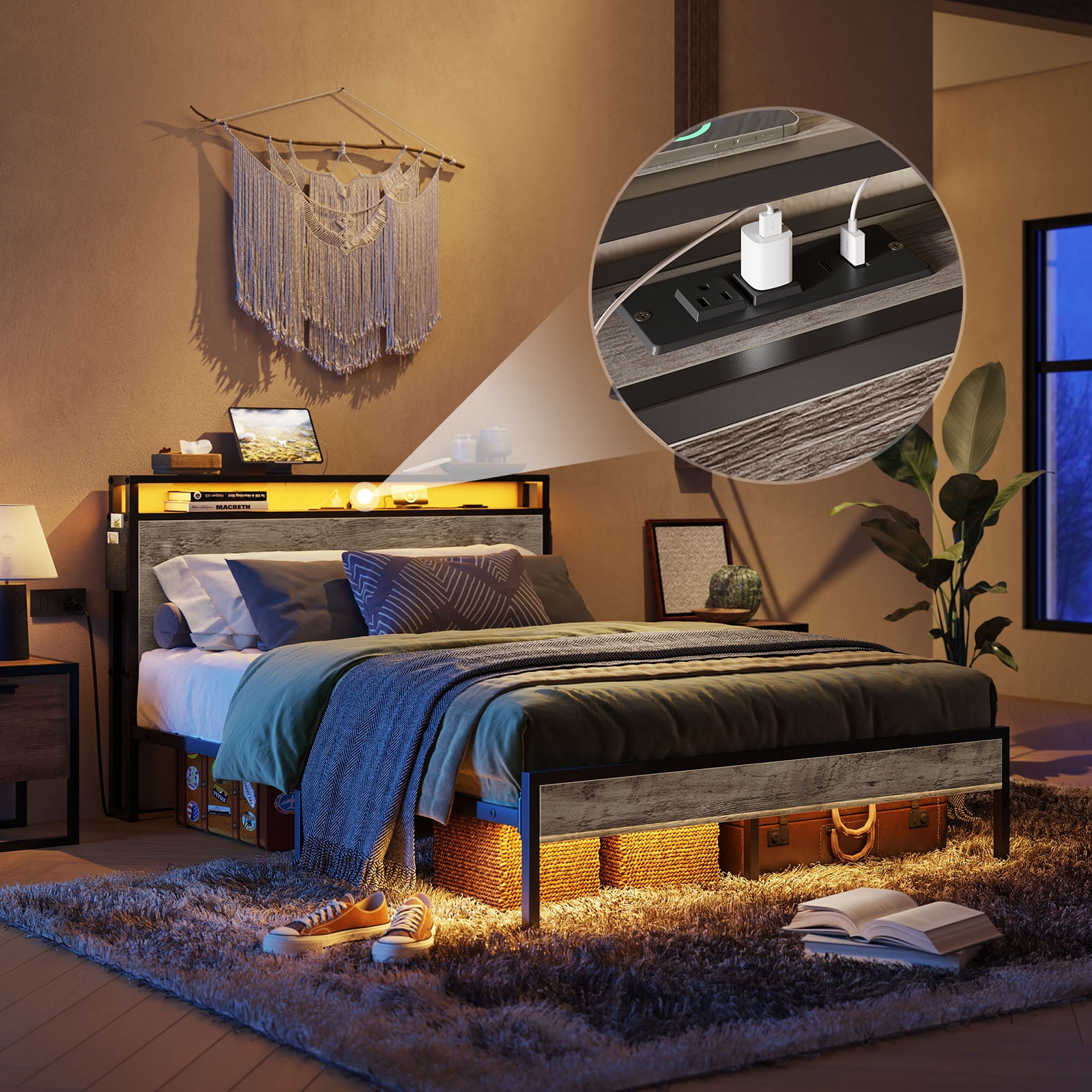 Bestier Queen Size Platform Bed Frame with Led Storage Headboard Charging Station and Bedside Caddy, Grey - Image 8