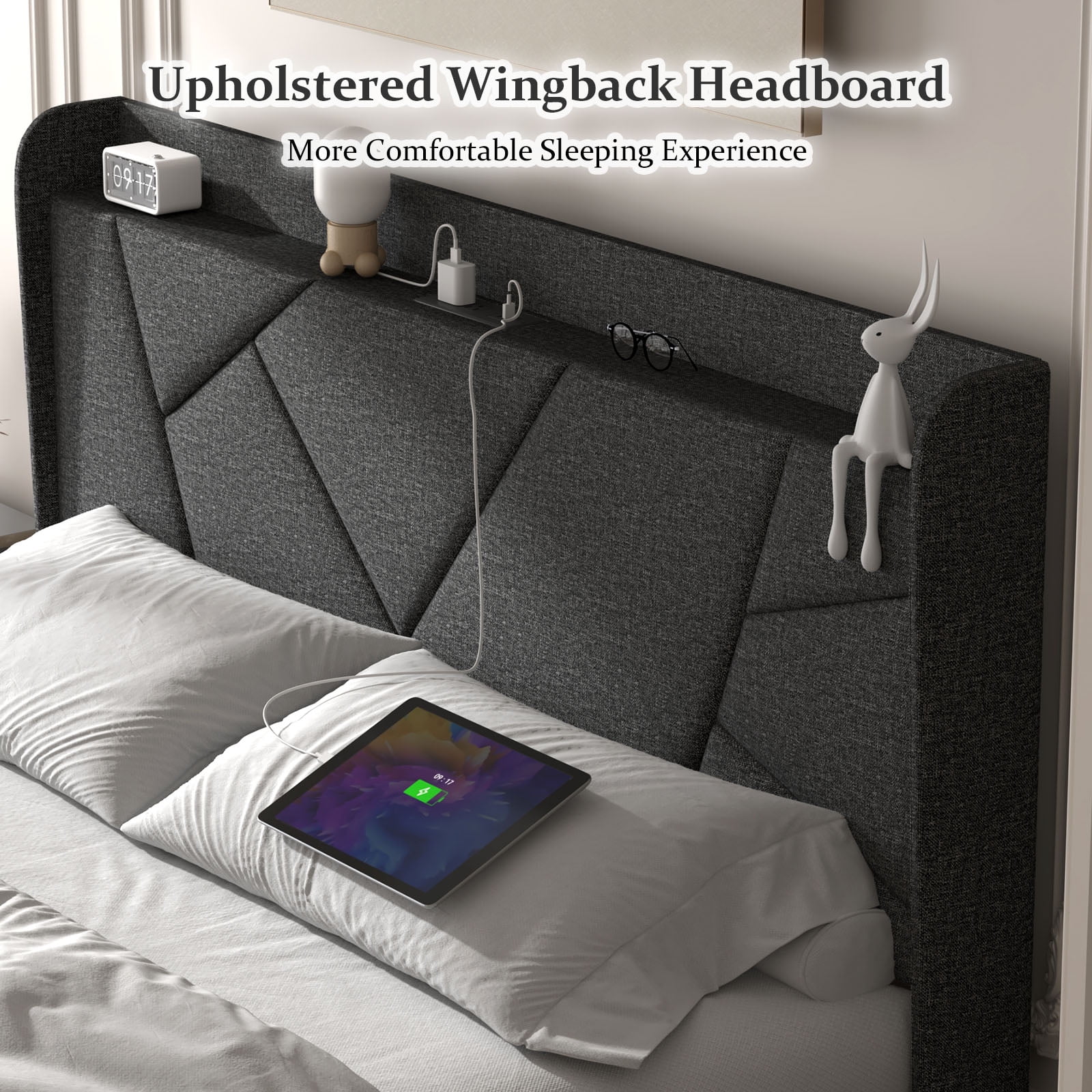 NISIEN Queen Bed Frame with Charging Station, Upholstered Platform Bed with Wingback Storage Headboard, Dark Gray - Image 6