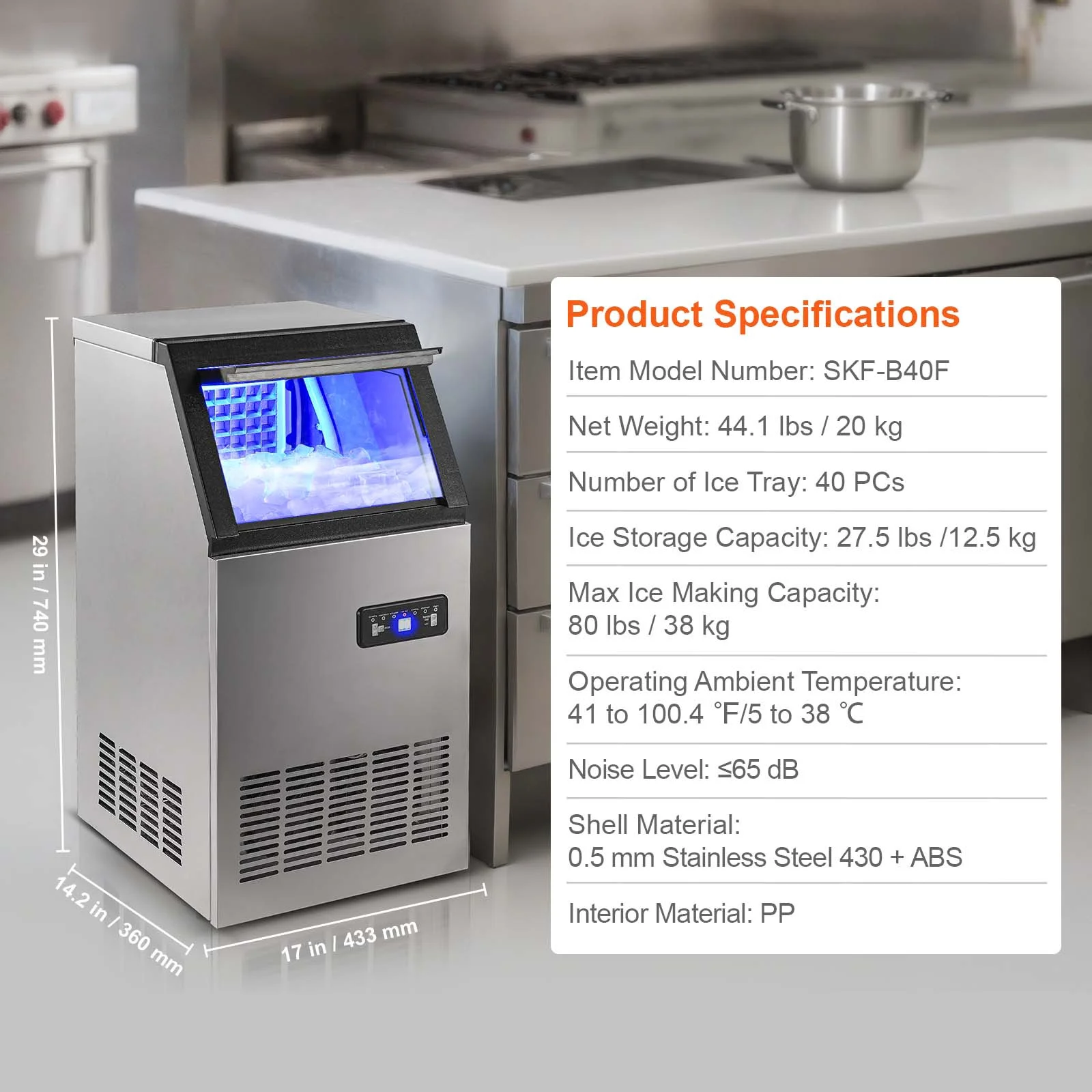 KFFKFF Commercial Ice Maker Freestanding Cabinet Machine 80lbs/24H 40 Ice Cubes - Image 3