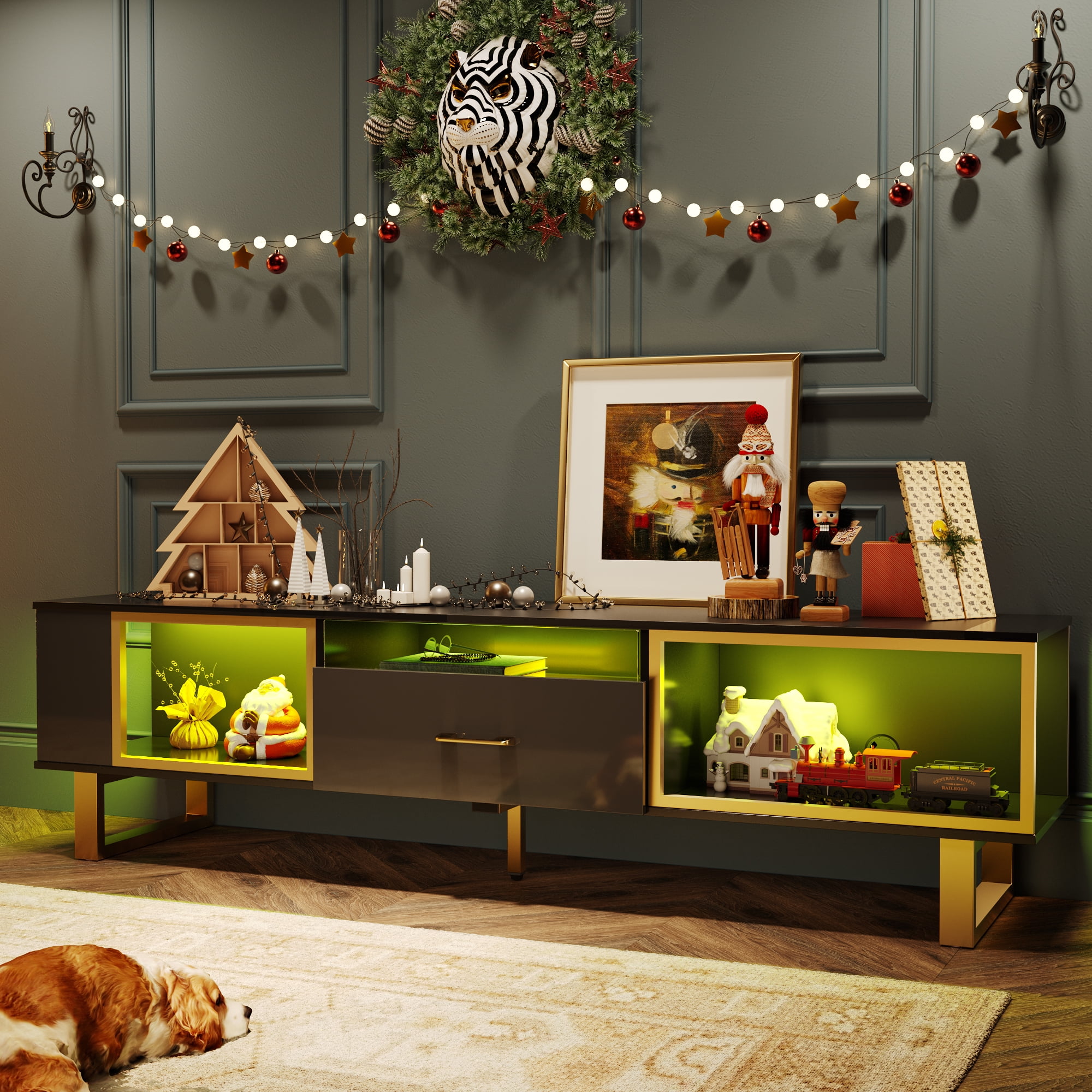 Bestier 70 Inch LED TV Stand for 75 Inch tv, High Gloss Modern Entertainment Center with Drawer & Storage , Black & Gold - Image 3