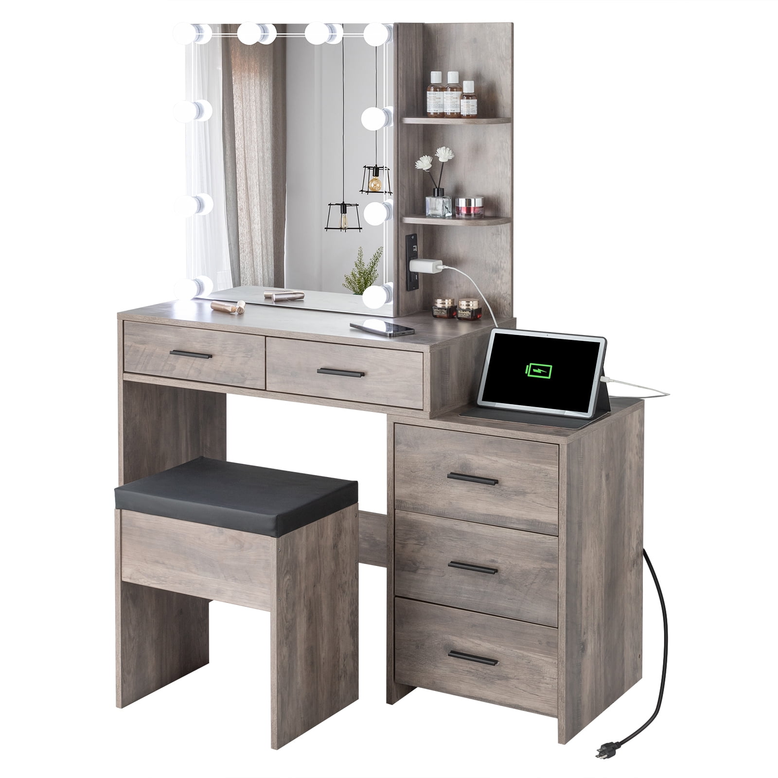 Ktaxon 3 Color Lighted Vanity Set & Charging Station,Makeup Dressing Table with Sliding Lighted Mirror, Dresser Desk and Cushioned Stool Set (Retro Gray) - Image 4