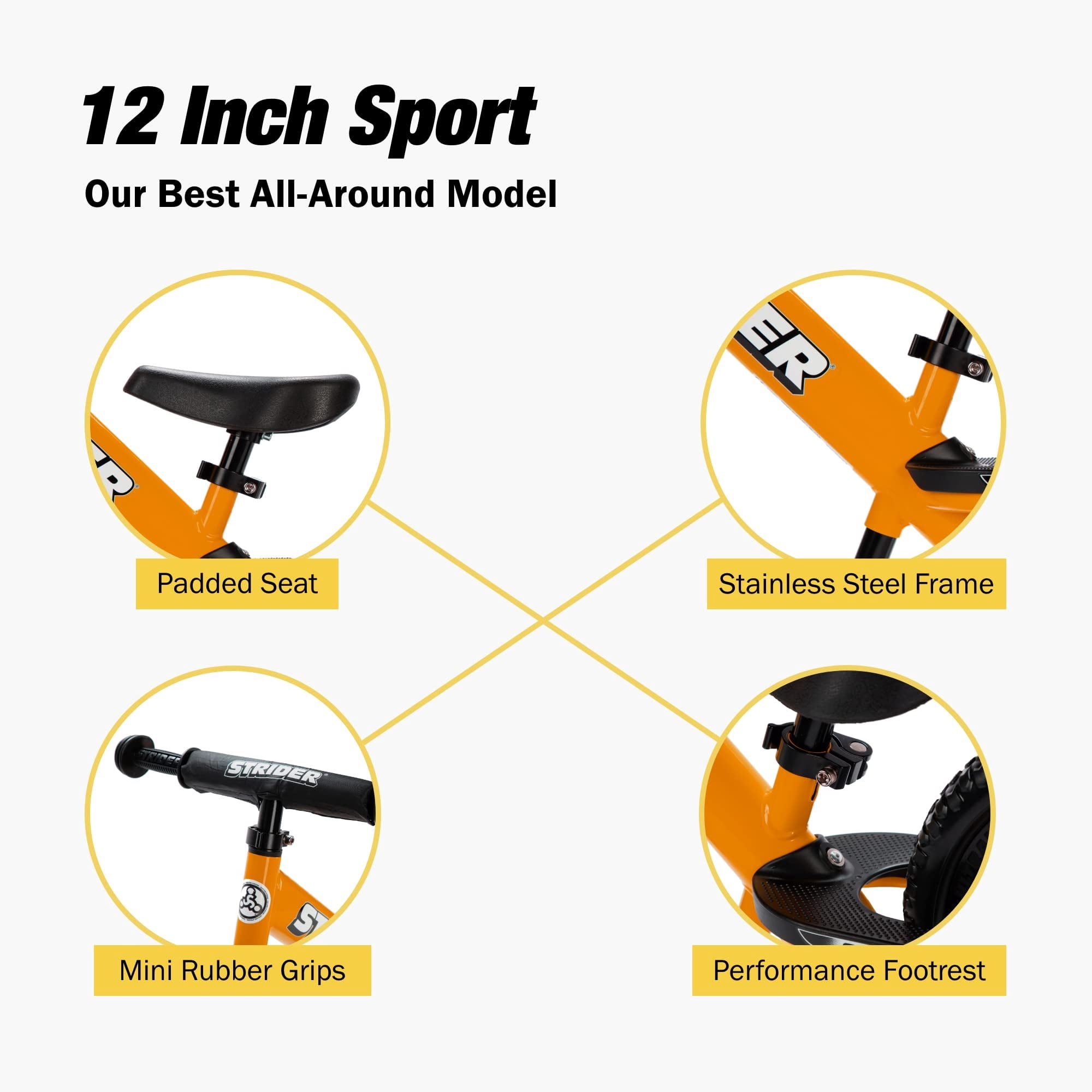 Strider 12” Sport Bike, Orange - No Pedal Balance Bicycle for Kids 1 to 4 Years - Includes Safety Pad, Padded Seat, Mini Grips & Flat-Free Tires - Tool-Free Assembly & Adjustments - Image 7