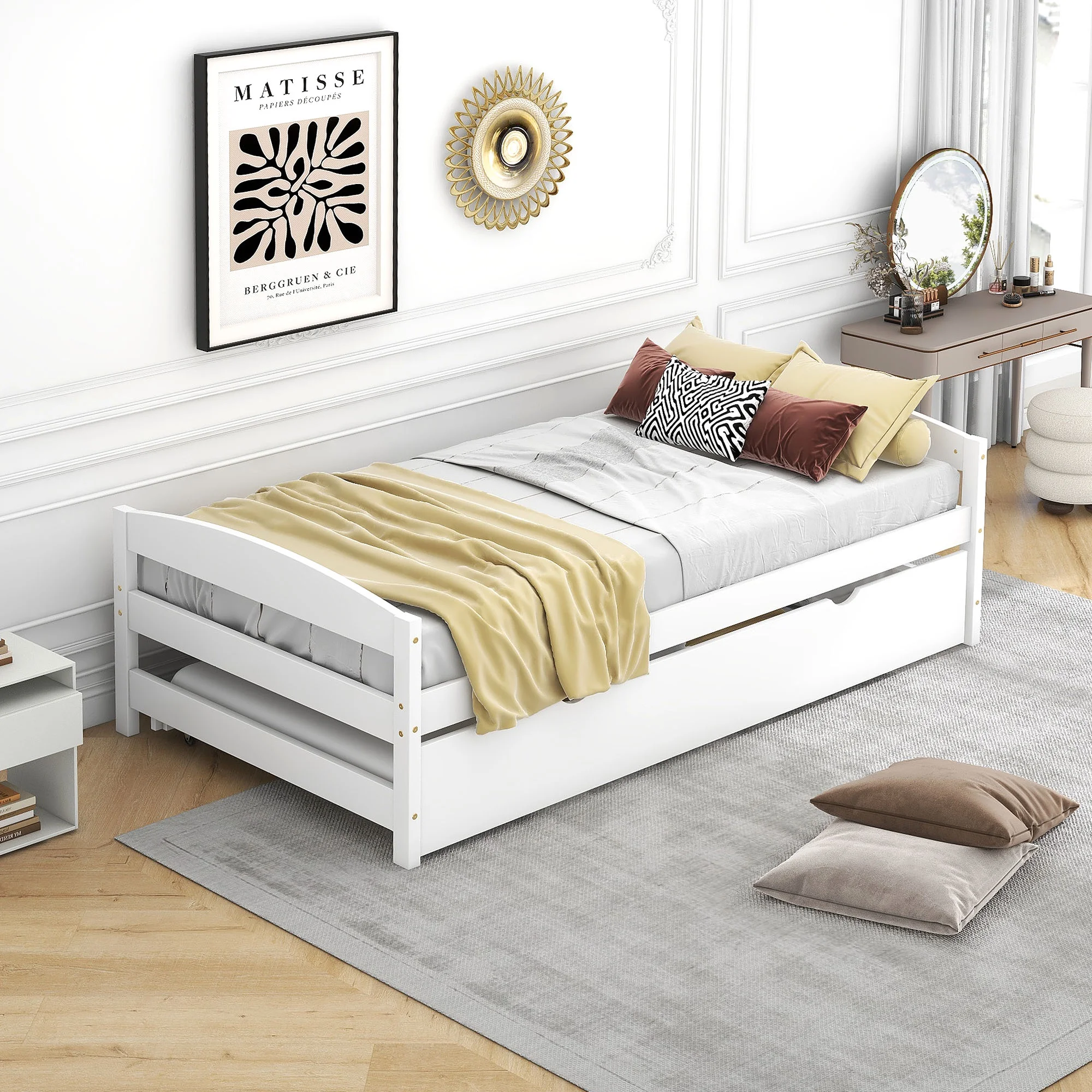 Euroco Twin Size Platform Bed with Trundle, Low Profile Easy Assembly Wood Daybed, White - Image 4