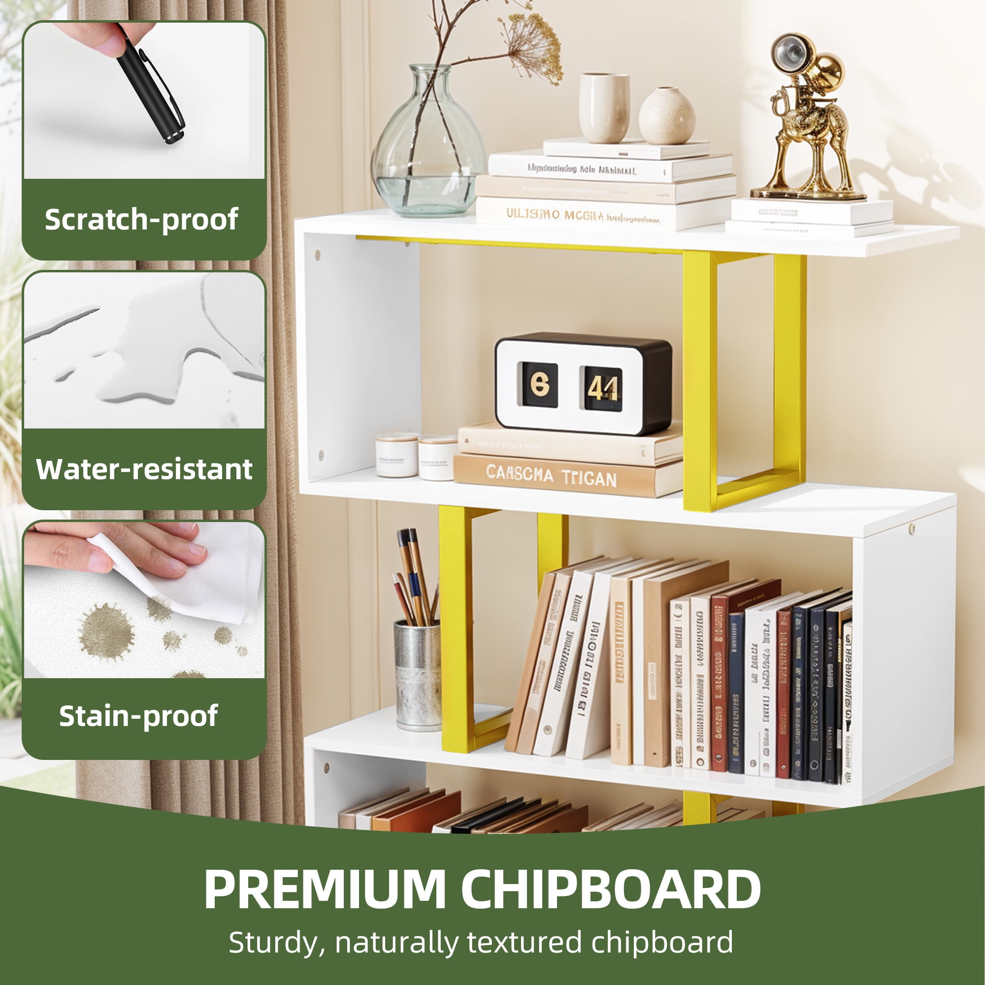 Dextrus 5-Tier S-Shape Bookshelf, Modern Wood & Metal Bookcase for Living Room, Bedroom, Home Office – Gold - Image 7