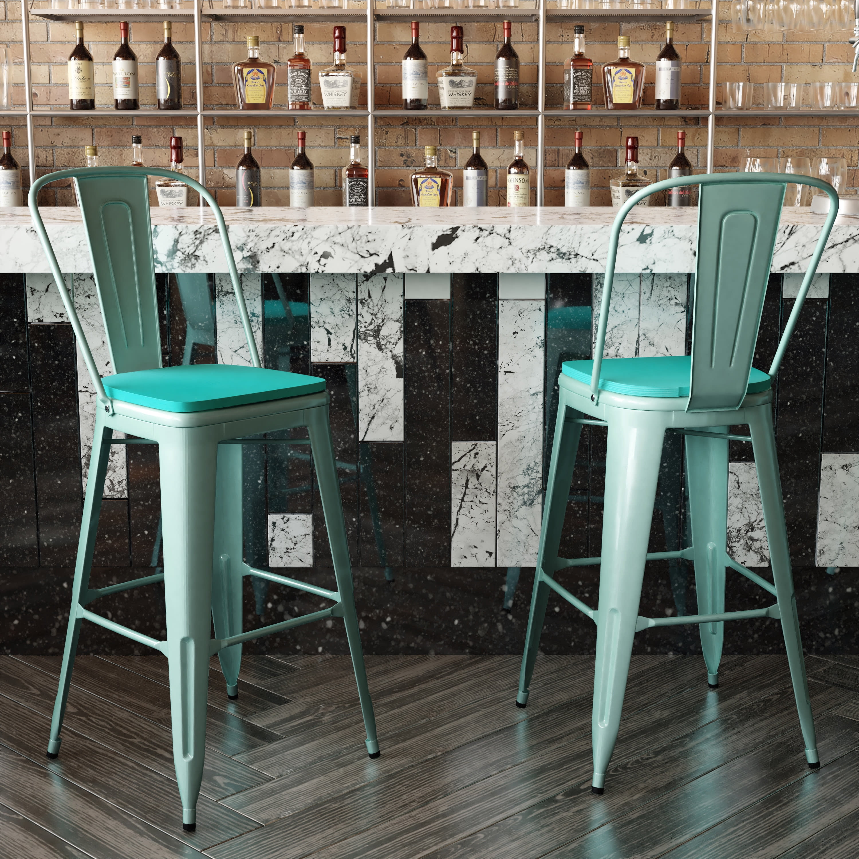 Flash Furniture Carly Commercial Grade 30" High Mint Green Metal Indoor-Outdoor Barstool with Back with Mint Green Poly Resin Wood Seat - Image 7