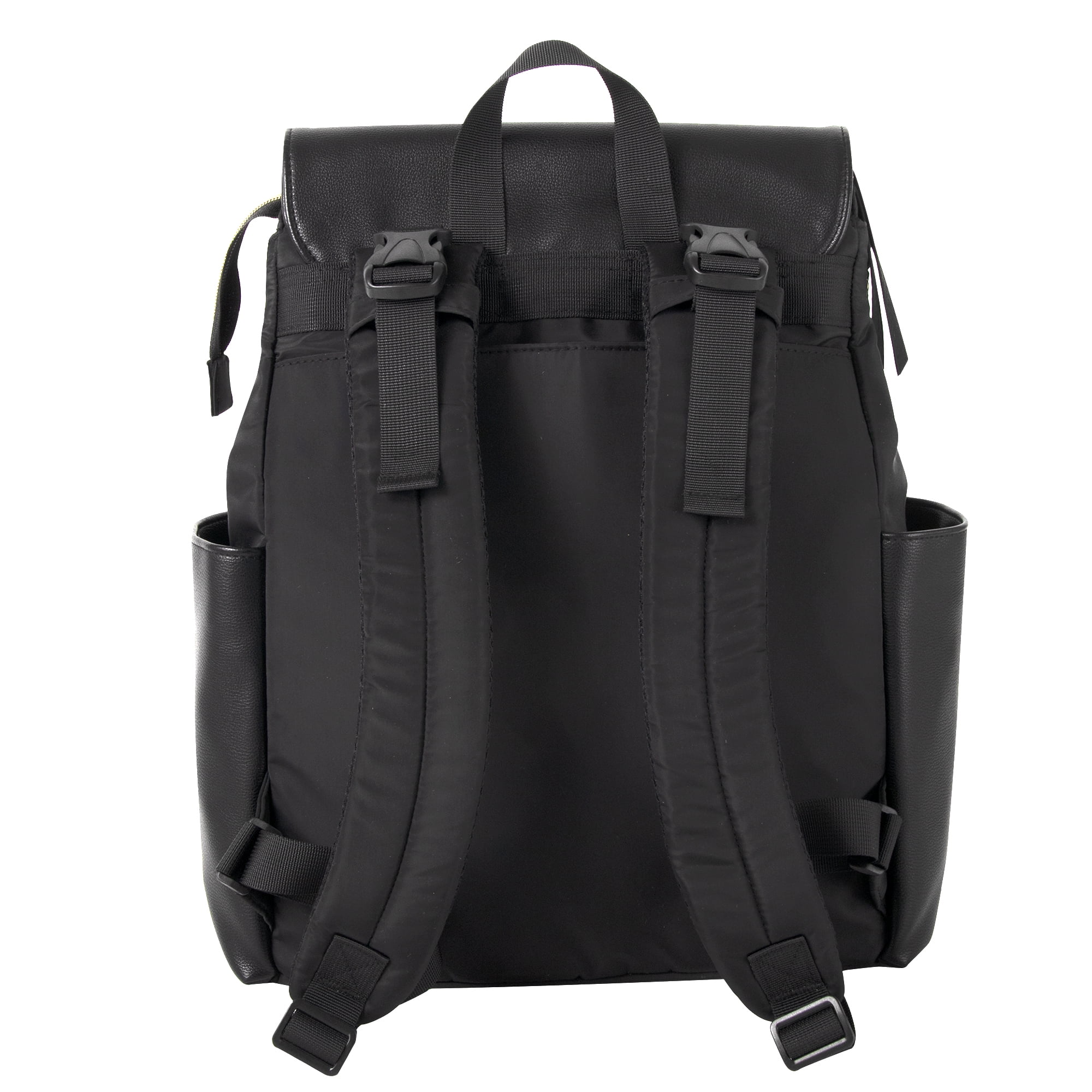 Jessica Simpson Black Vegan Leather Multi-Pocket Magnetic Flap & Zipper Closure Fashion Diaper Bag Backpack with Snow Leopard Print Interior, Matching 3-Ply Folding Baby Changing Pad - Image 2