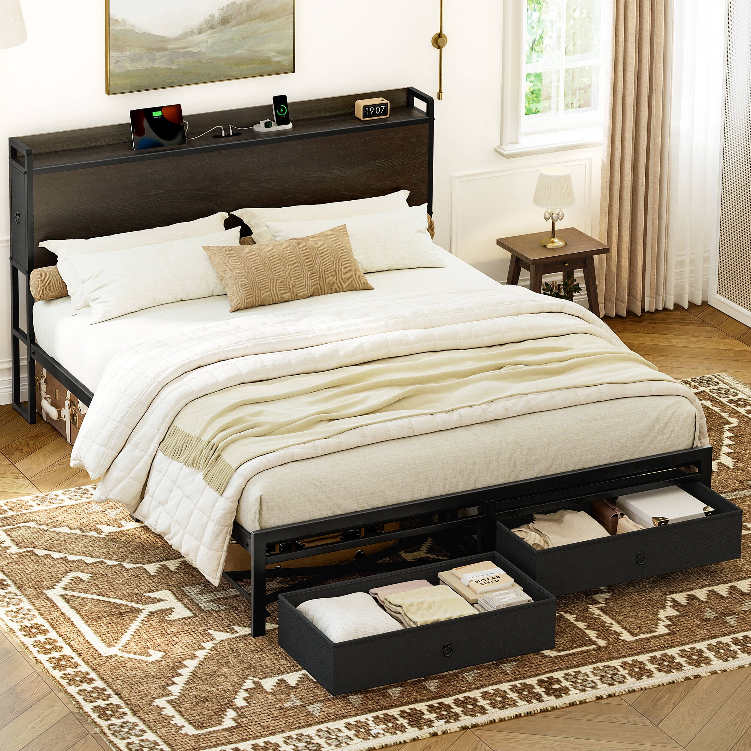 GUNAITO Queen Bed Frame with Storage Headboard Platform Bed with 2 Drawers Metal Bed with Charging Station, Dark Brown - Image 2
