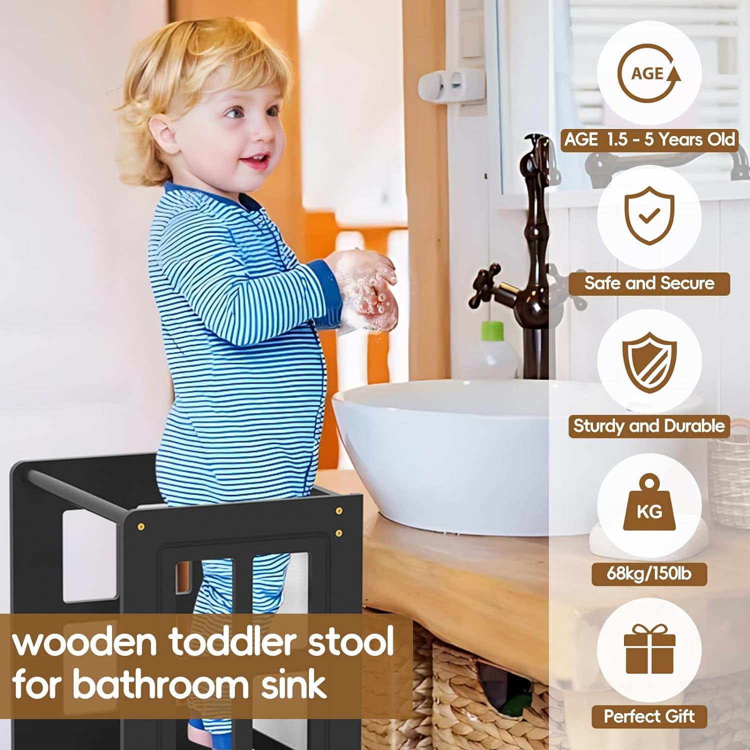 RETON Kitchen Step Stool with Non-Slip Mat, Whiteboard and Safety Rail,4 in 1 Wooden Toddler Standing Tower for Counter Bathroom Sink (Black) - Image 7