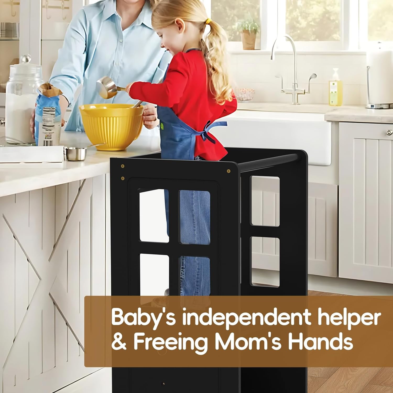 RETON Kitchen Step Stool with Non-Slip Mat, Whiteboard and Safety Rail,4 in 1 Wooden Toddler Standing Tower for Counter Bathroom Sink (Black) - Image 6