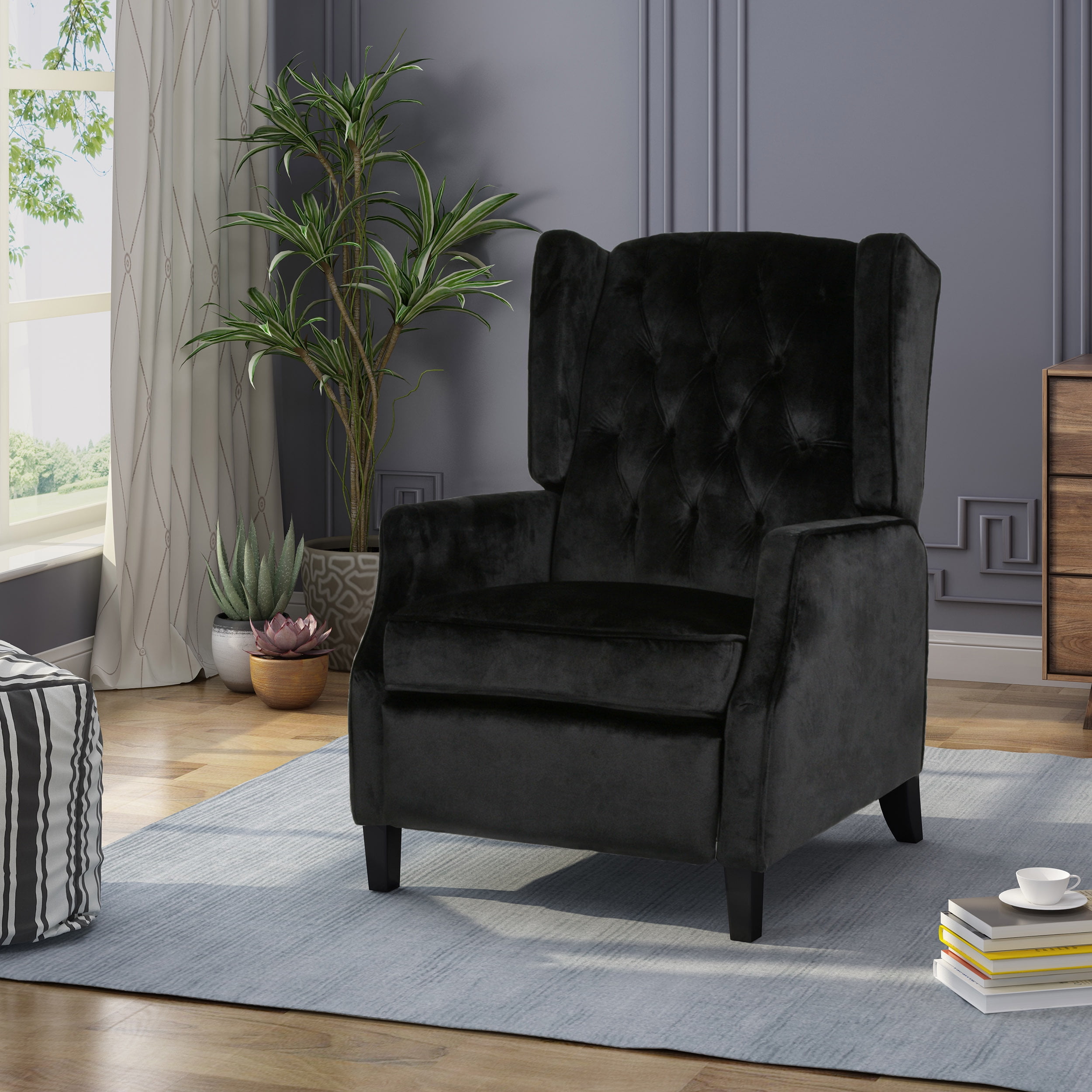 Noble House Zakyiah Standard Velvet Wingback Recliner, Black - Image 3