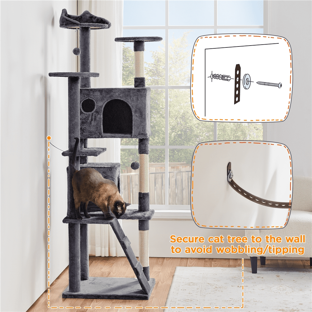 Alden Design 80″ Tall Multilevel Cat Tree with 2 Condos & 3 Scratching Posts for Kittens, Dark Gray - Image 3