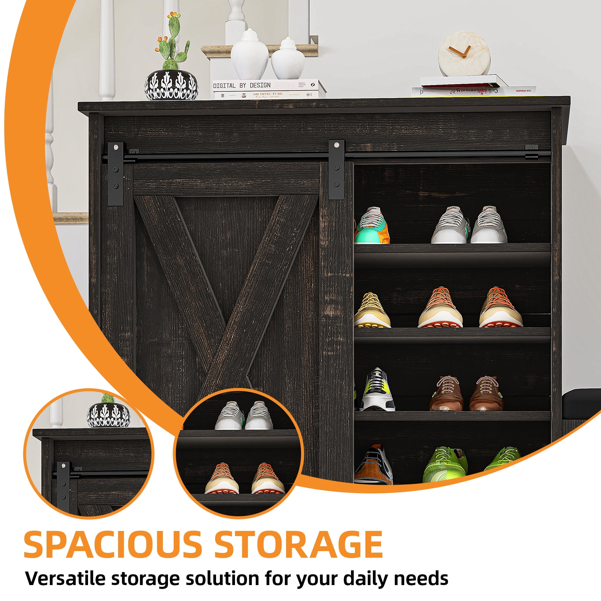 Uforic Shoe Cabinet with Sliding Door & Shoe Bench,Farmhouse Narrow Slim 5-Tier Adjustable Shoe Storage Organizer for 20 Pairs for Entryway, Foyer, Dark Rustic Oak - Image 6