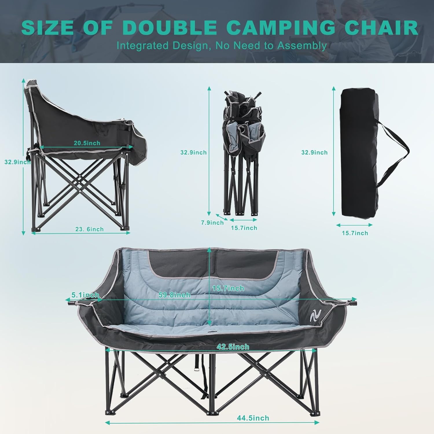 ABORON Double Camping Chair with Canopy for 2 Adults, Oversized Loveseat Chair with Cup Holder, Heavy Duty 600D Oxford Portable Folding Chair for Outdoor, Camping, Beach, Picnic - Image 6