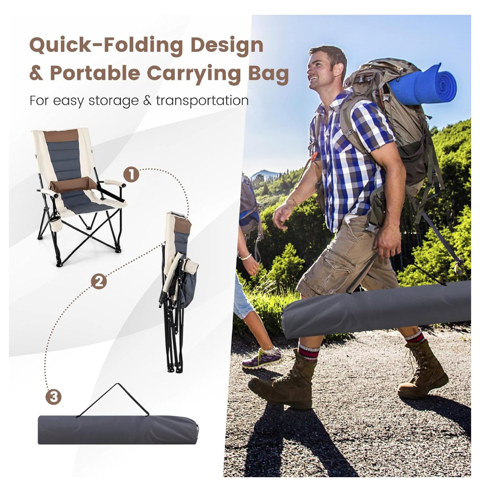 Folding Camping Chair, Portable Lightweight Camp Chair with Lumbar Support, Padded Seat, Carrying Bag, Cup Holder, Outdoor Lawn Chair for Yard Fishing Travel, No Assembly Needed - Image 3