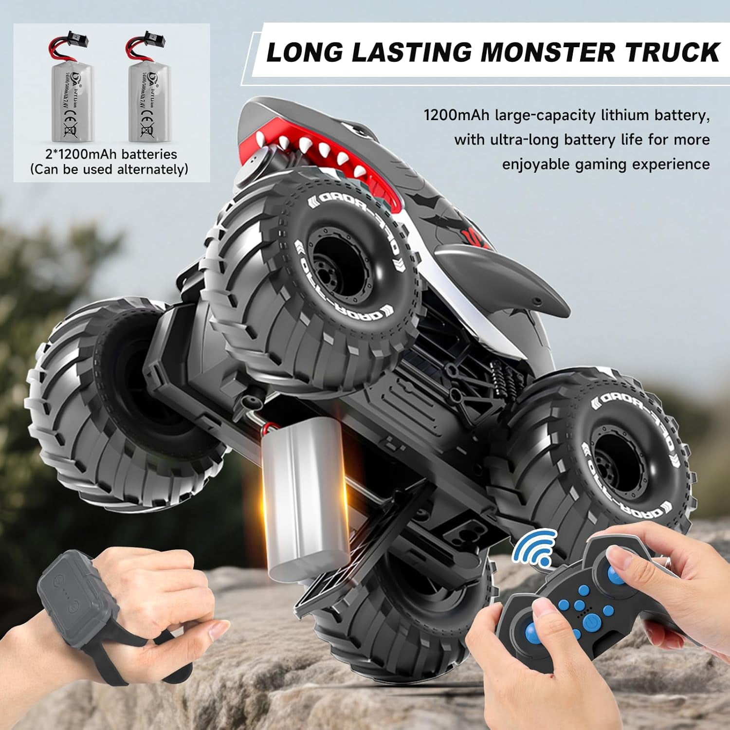 Adofi Amphibious Remote Control Car, 4WD All-Terrain Off-Road Water Toys, 2.4GHz Shooting Waterproof RC Monster Truck, Toys for Boys 3 6 Years - Gray - Image 10