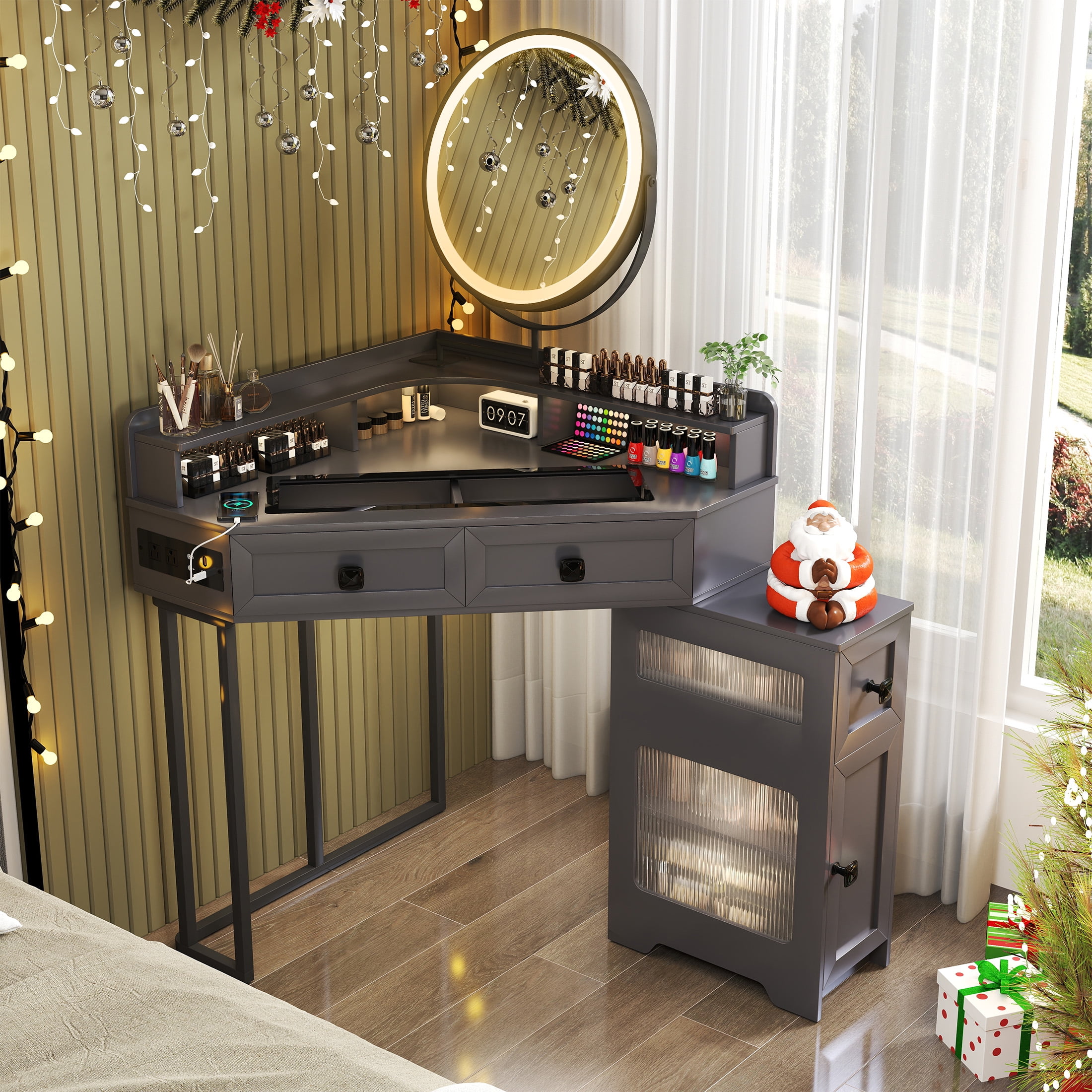 Aukfa Corner Vanity Desk with Mirror, LED Lights, Drawers & Outlet, Vanity Table for Girls, Gray - Image 8