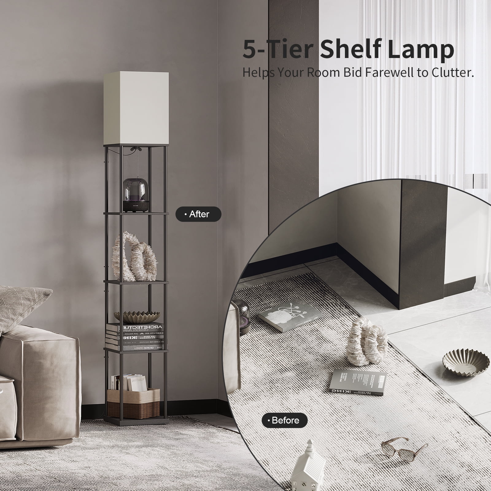 AOHAO 63" Modern Durable Black MDF Floor Lamp with Beige Square Shade - Image 7