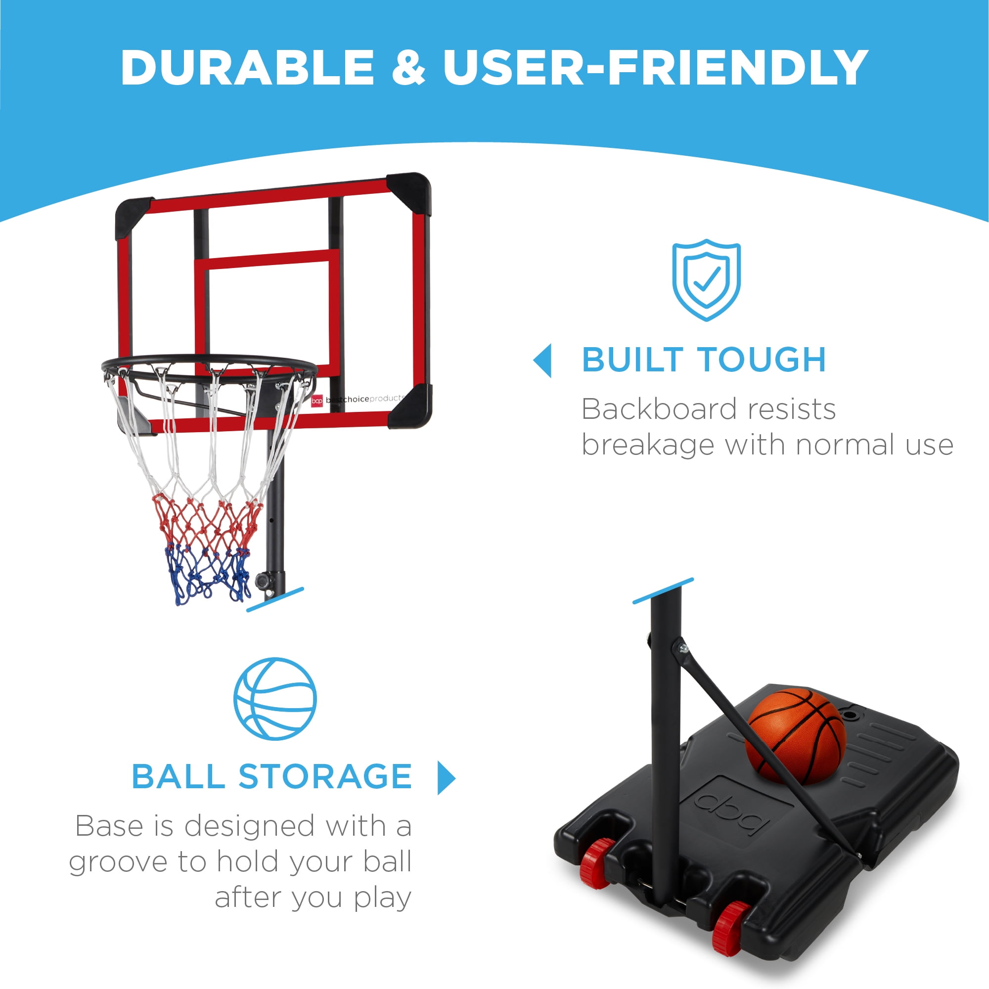 Best Choice Products Kids Height-Adjustable Basketball Hoop, Portable Game w/ 2 Wheels, Square Backboard - Clear - Image 4