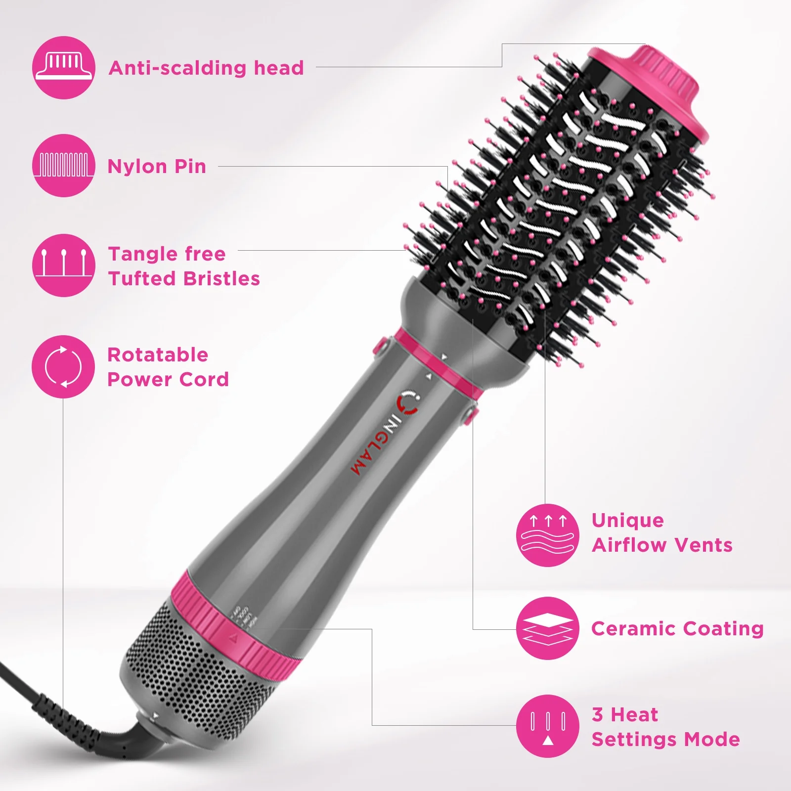 IG INGLAM 4 in 1 Hair Appliance, Hair Dryer Brush, Detachable Brush Hair Dryer Set, Negative Ion Blowout Brush for Straightening/ Drying/ Curling/ Styling, Gray - Image 4