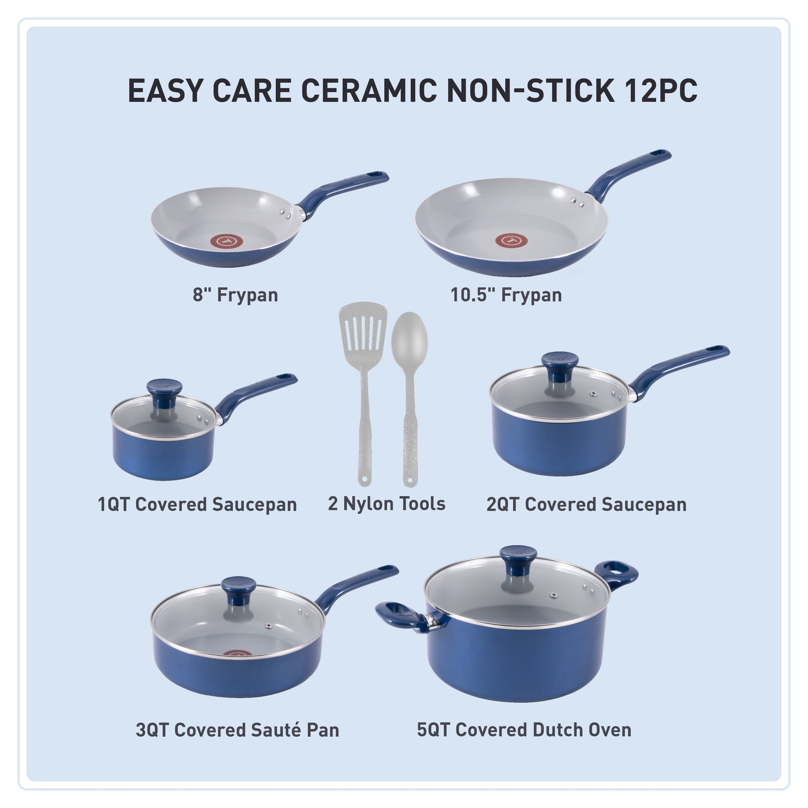 T-fal Easy Care Ceramic Non-Stick, 12 Piece Pots and Pans Cookware Set, Electric Blue - Image 6