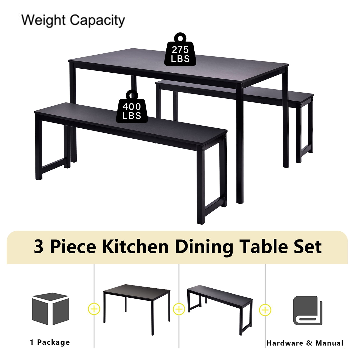 3 Piece Dining Table Set, Modern Wood Table Top Dining Table Set with Bench and Metal Frame, Breakfast Nook Dining Room Set, Dining Set for 4, Kitchen Living Dining Room Furniture, Black - Image 2