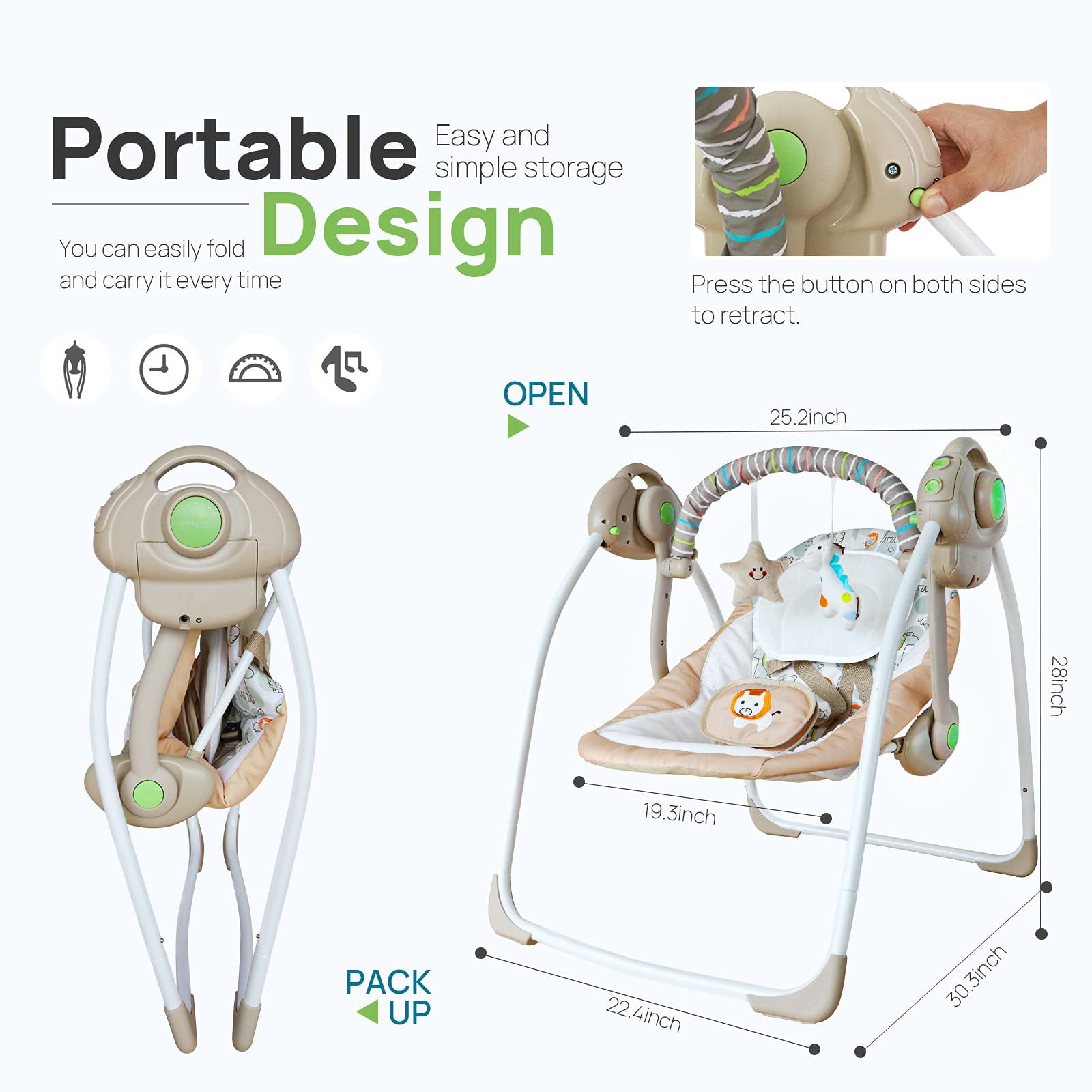 Vikua Electric Baby Swing for Infants 0-9 Months,Portable Foldable Infant Swing with 6 Speeds & Soothing Music,Baby Swing for Newborns,Khaki - Image 3