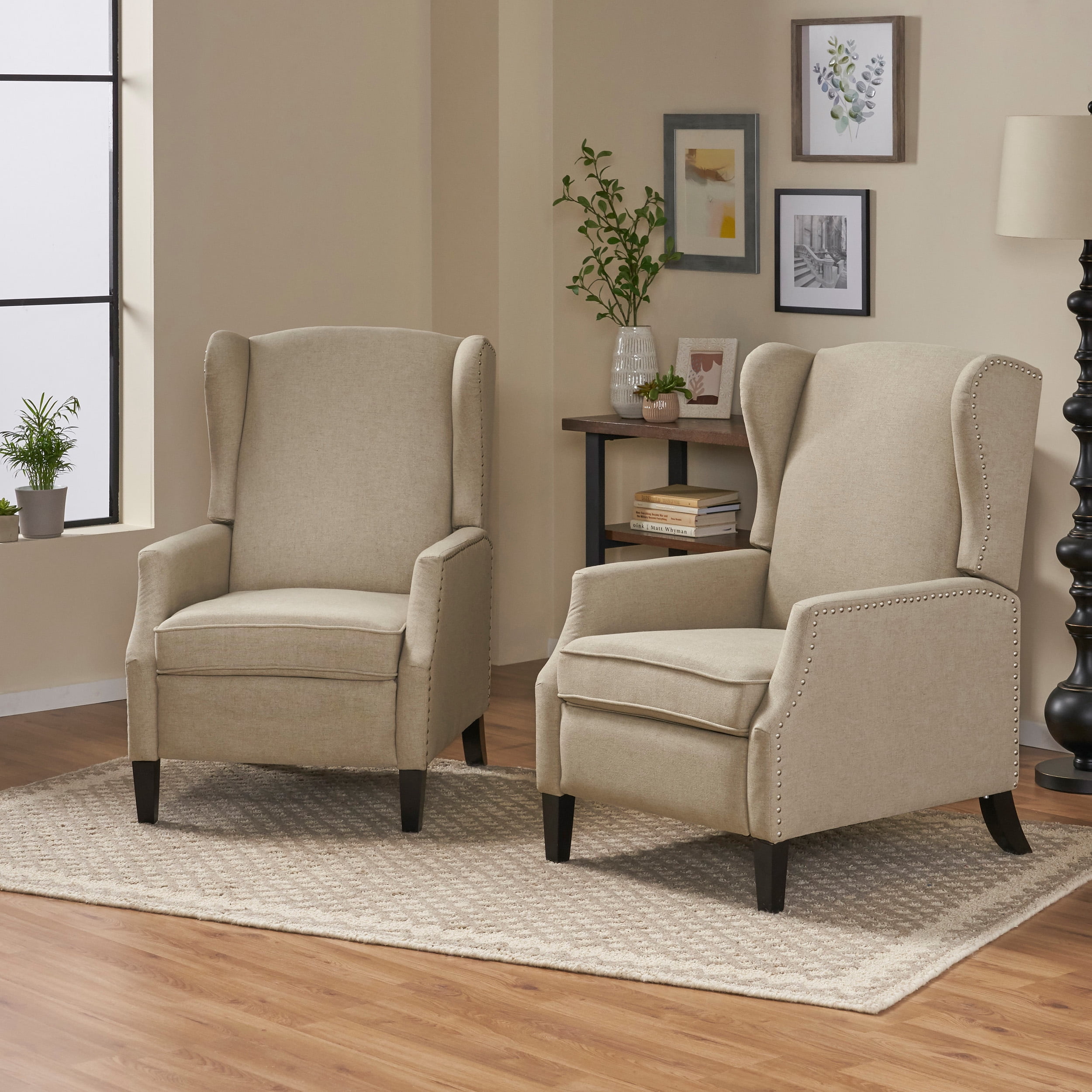 Noble House Wescott Fabric Wing Back Recliner, Set of 2, Beige - Image 8
