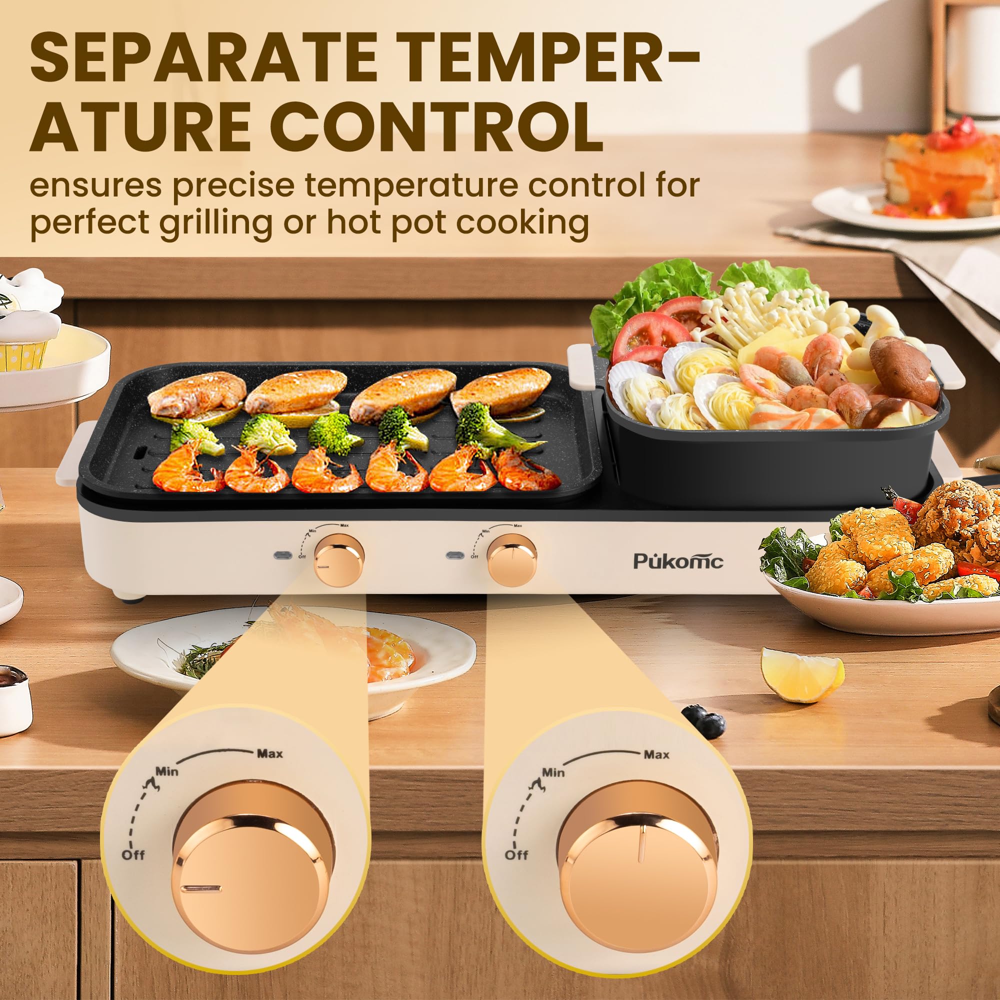 SUSTEAS 2-in-1 Electric Hot Pot with Grill: 1500W Non-Stick Removable Plate, Temperature Control for Indoor Grill for Korean BBQ, Beige - Image 8