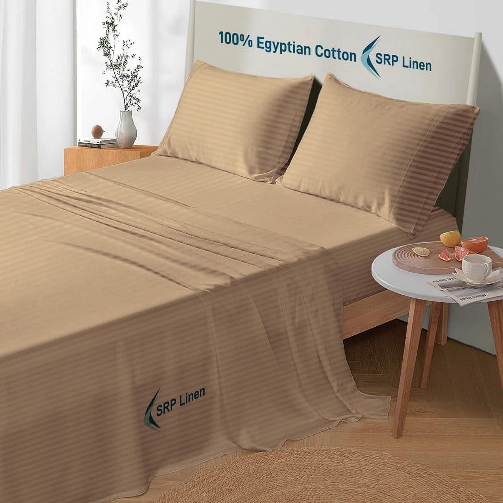 600 Thread Count 4 Piece Quality Sheet Set 24 Inch Deep Pocket 100% Egyptian Cotton Color Taupe Stripe Size Queen - Image 3
