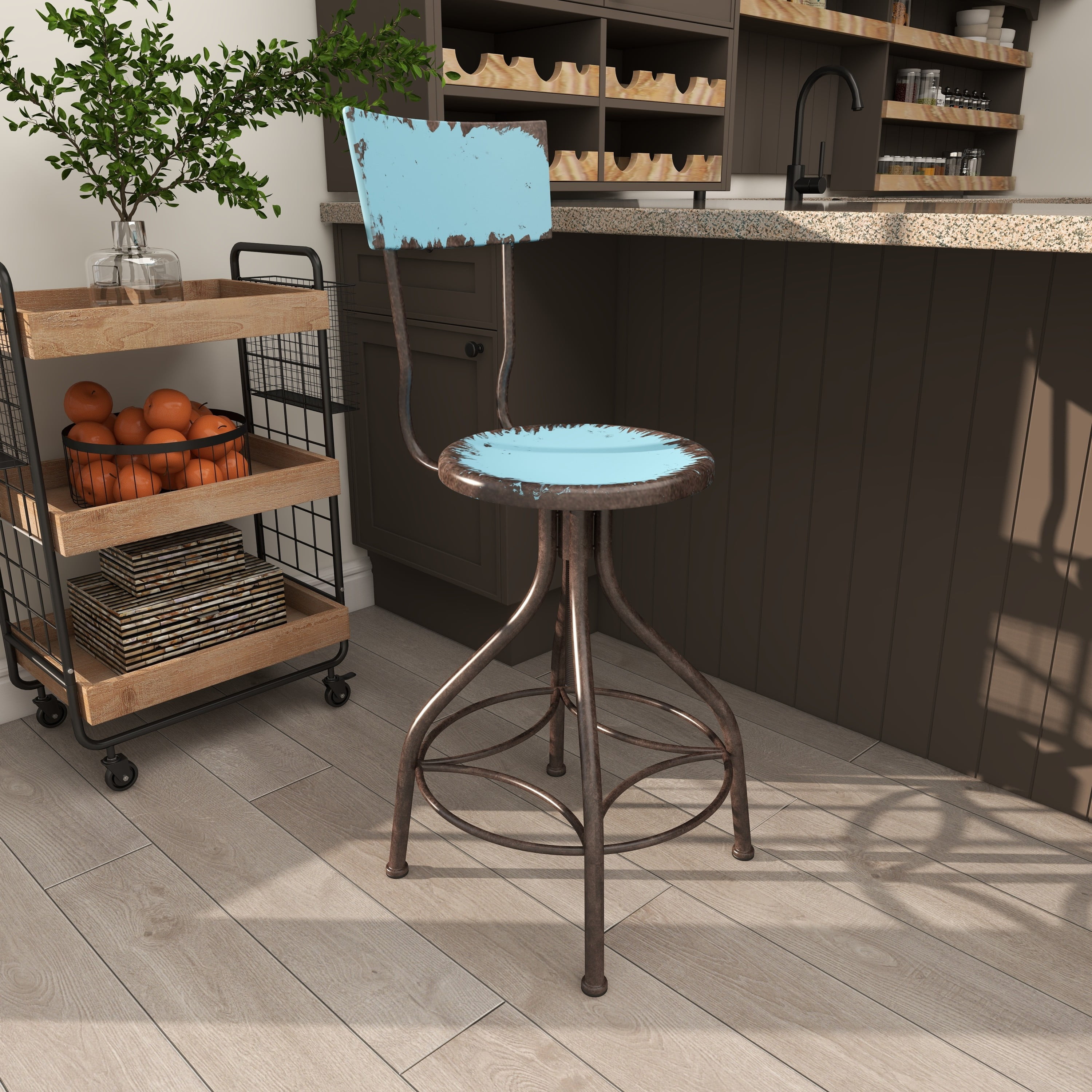 DecMode Metal Bar Stool with Backrest, Teal - Image 5