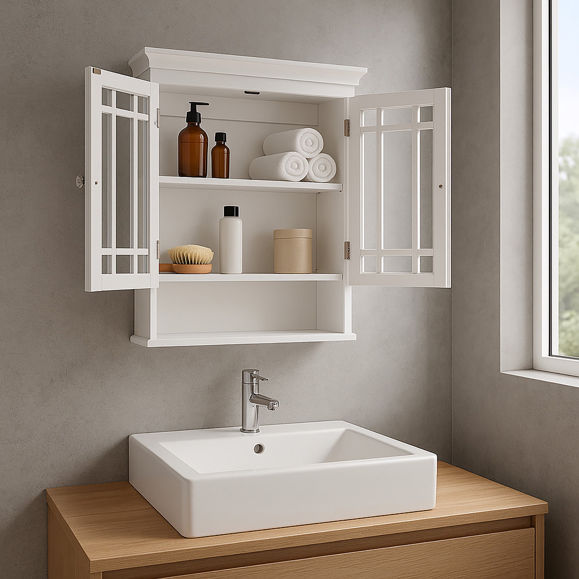 Teamson Home Neal Wooden Wall Cabinet with 2 Glass Doors, White - Image 3