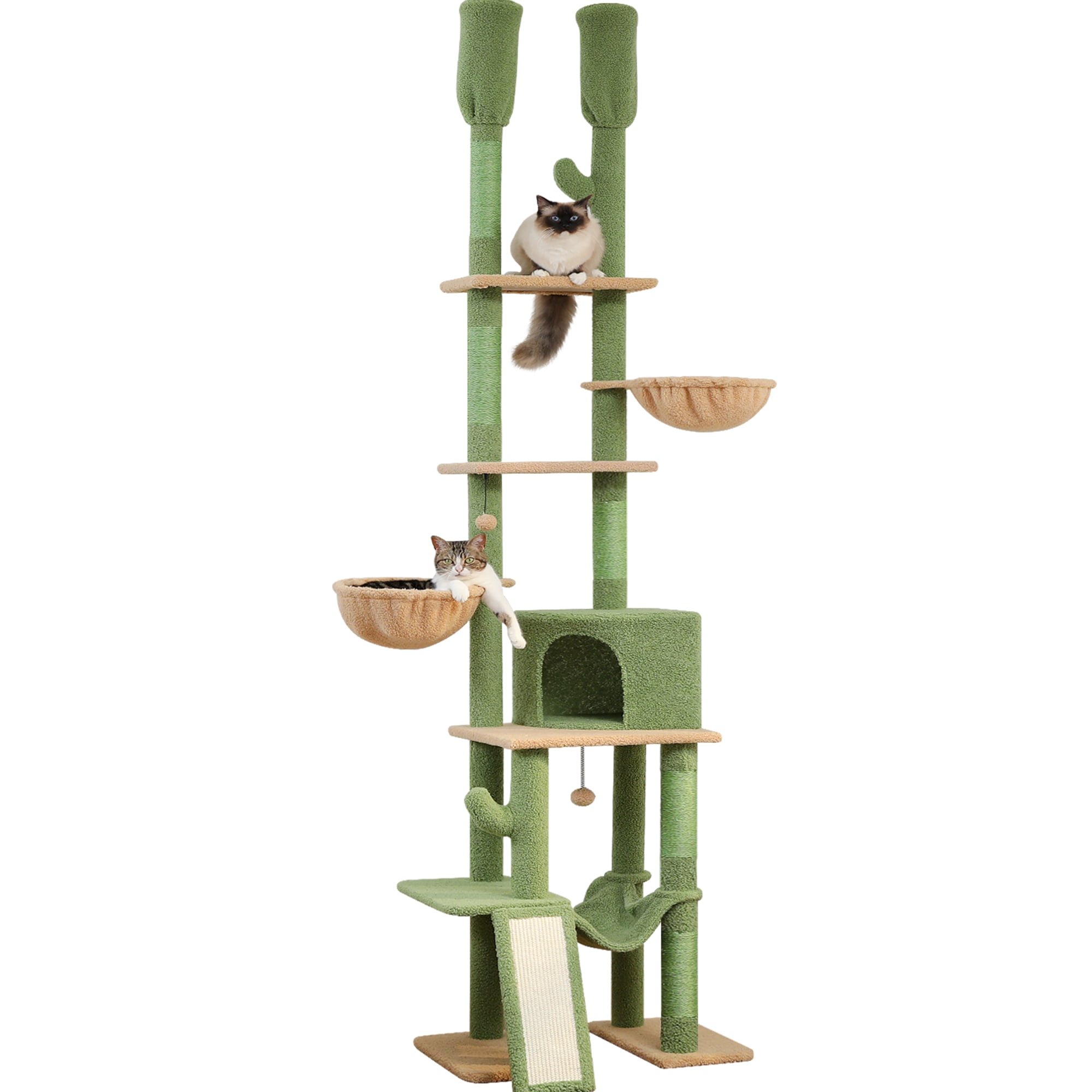 PAWZ Road 85-112" Cactus Cat Tree Floor to Ceiling Adjustable Climbing Cat Tower Scratching Post 2-Hammocks, Green - Image 14