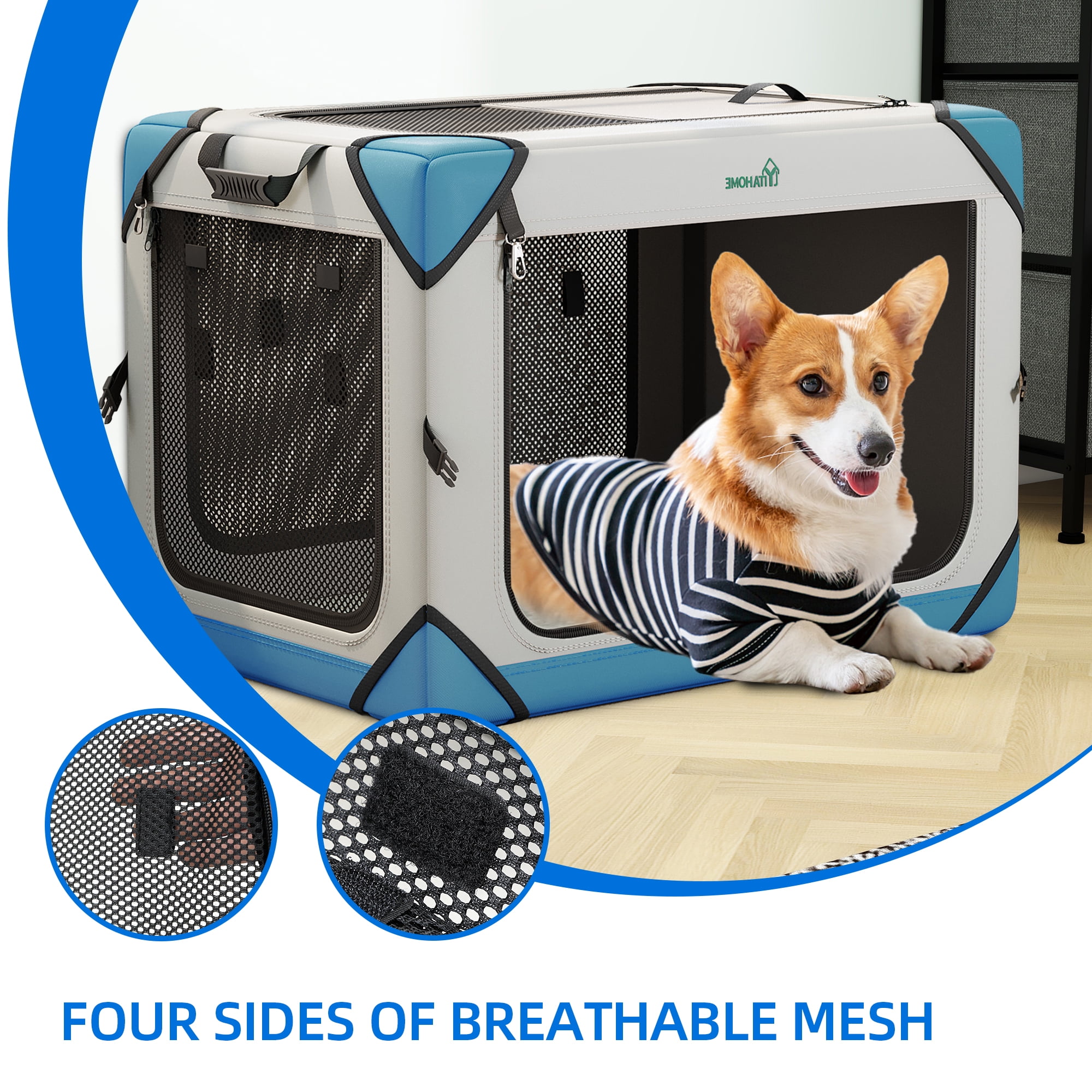 Dextrus Portable Dog Travel Crate, Large Collapsible Pet Carrier with 4 Doors and Sturdy Mesh Windows, Soft Dog Kennel for Indoor and Outdoor Use(20" L x 13" W x 15" H) - Image 6