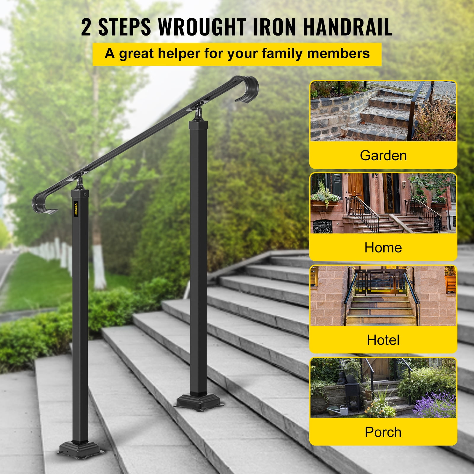 VEVORbrand Handrail for Stairs Fit 2 or 3 Steps Wrought Iron Handrail,Outdoor Stair Railing, Height Adjustable Front Porch Hand Rail, Black - Image 3