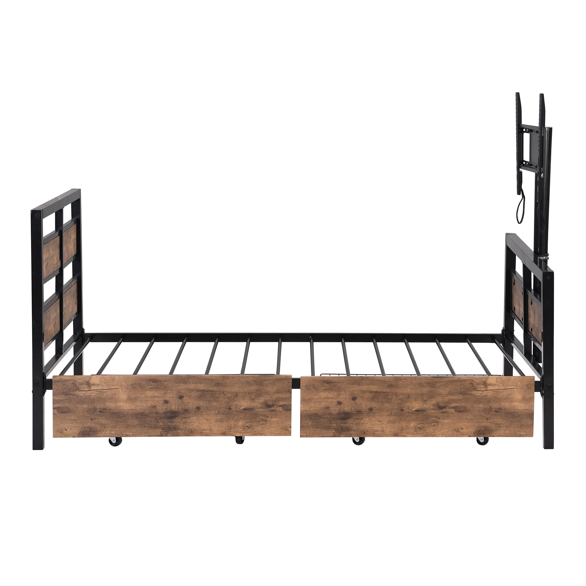 Euroco Metal Platform Bed Frame with 360° Rotatable TV Holder and 2 Drawers for Living Room for Kids Teens, Black - Image 9