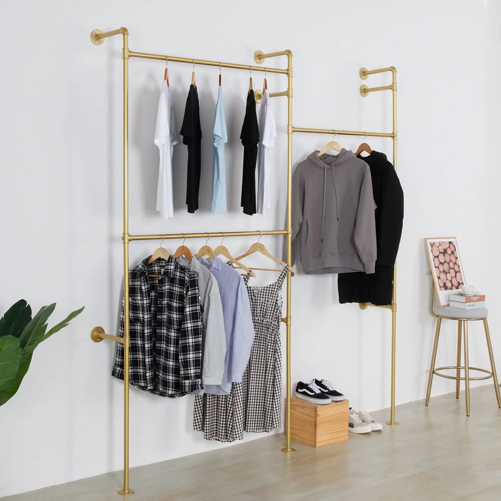 SSS Furniture Modern Simple Industrial Pipe Double Hanging Rods Clothing Rack, Clothes Rack Wall Mounted Heavy Duty Hanging Clothes Rack, Detachable Garment Bar 93.3X82.7inch (Gold) - Image 7