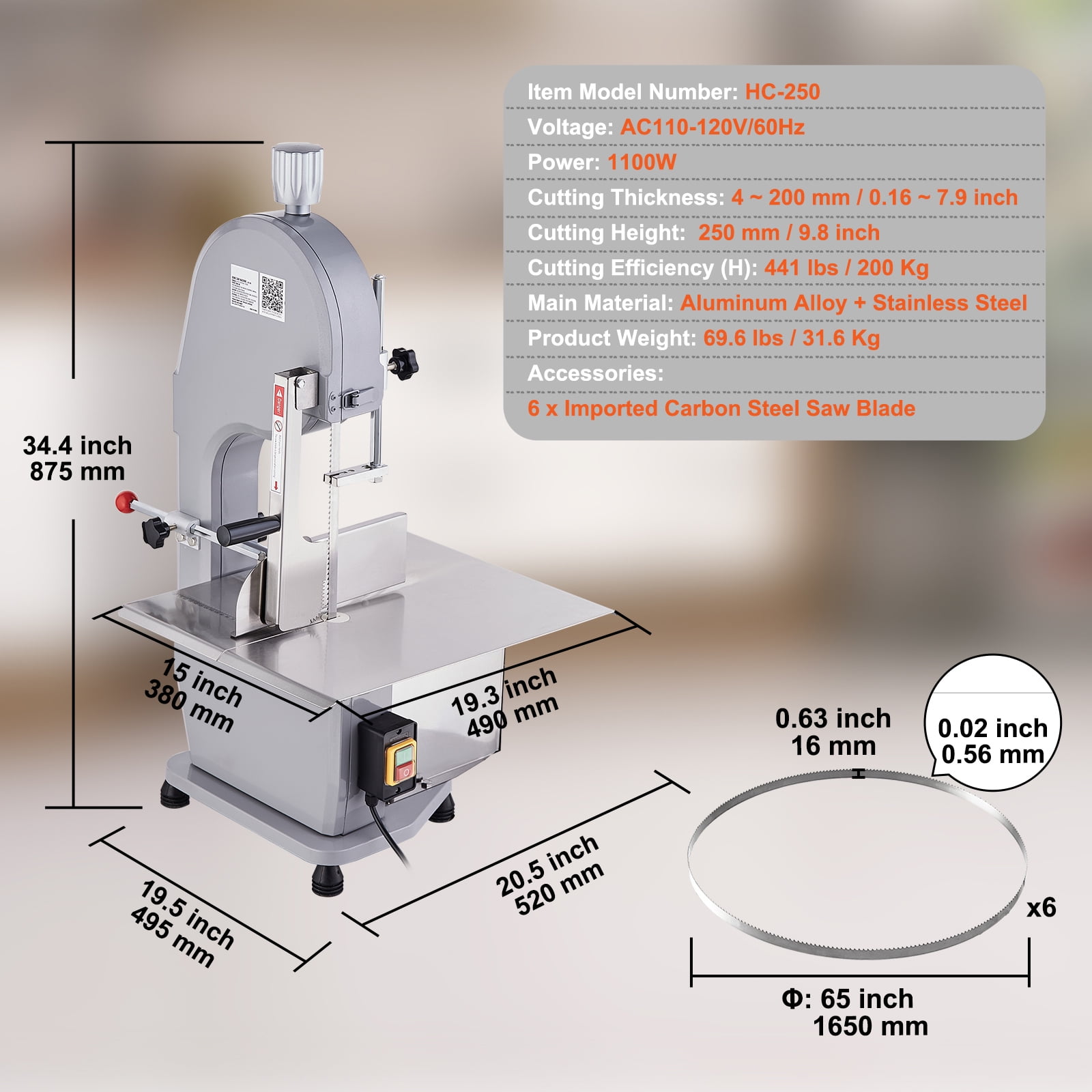 VEVOR 1100W Commercial Electric Meat Bandsaw Stainless Steel Bone Sawing Machine - Image 4