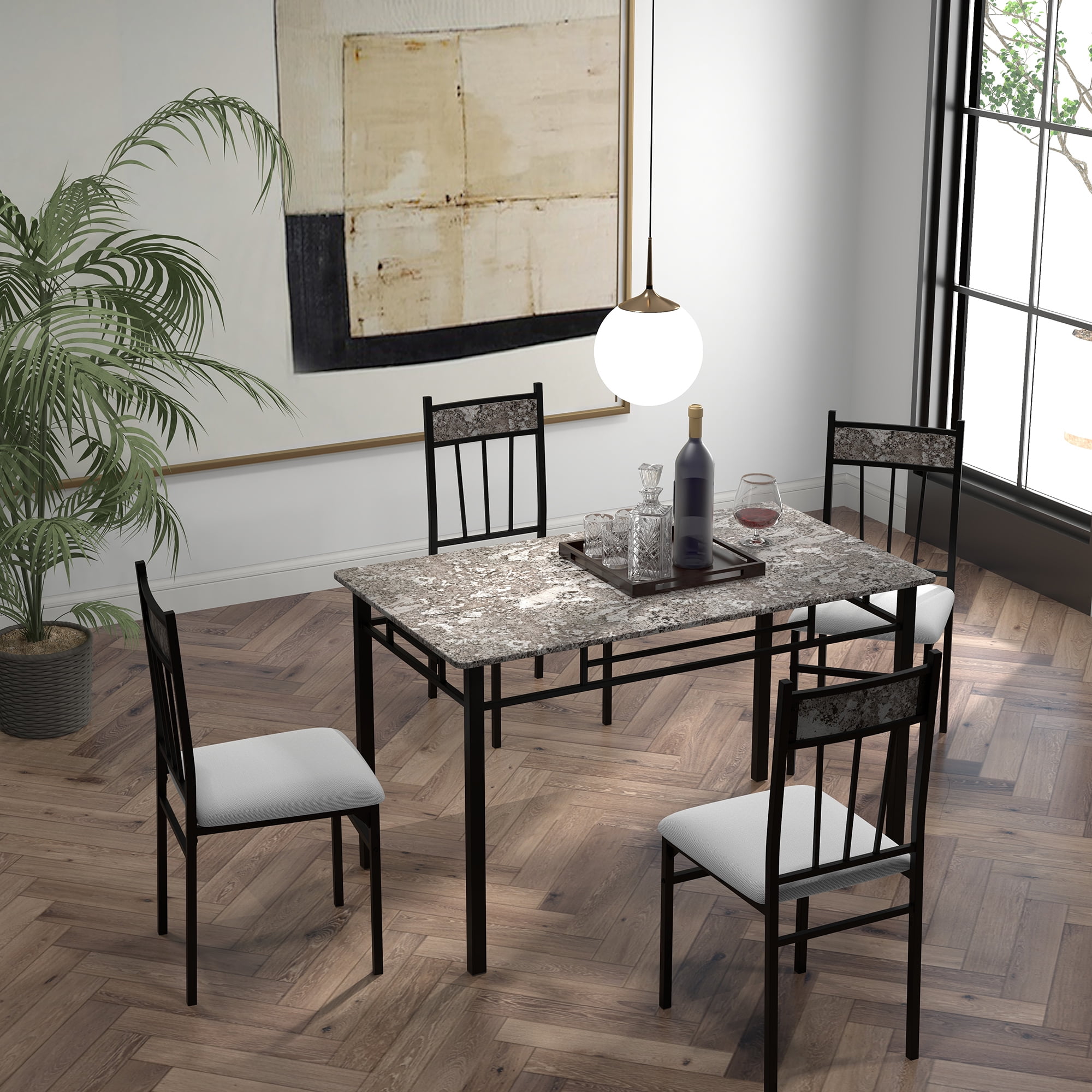 Costway 5 Piece Dining Set Faux Marble Top Table 30'' and 4 Padded Seat Chairs W/ Metal Legs - Image 3