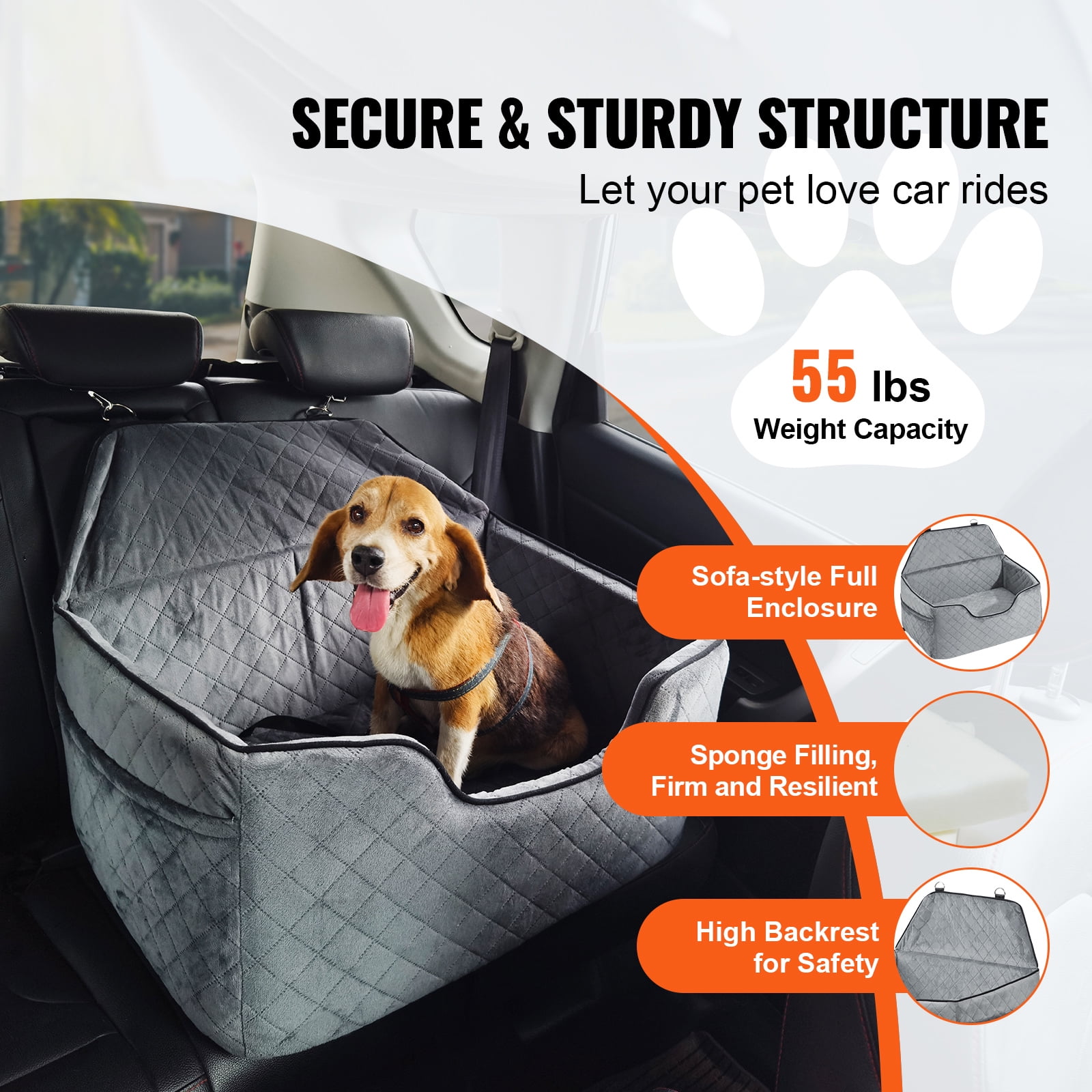KFFKFF Canine Auto Seat, Medium & Large Dog Booster with Storage, Safety Leash Clip, Sponge Support, Pet Car Bed for Dogs up to 55 lbs, Gray - Image 9