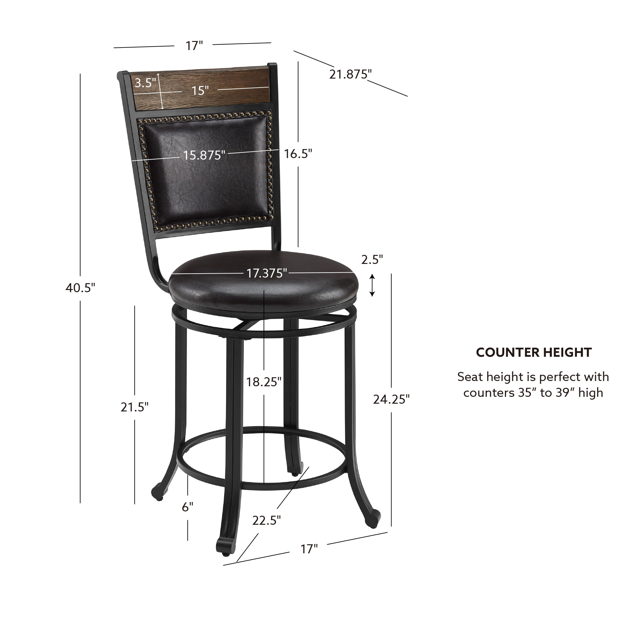 Powell Holloway 24" High Back Indoor Rund Metal Counter Stool with Swivel, Black/Dark Brown Faux Leather - Image 8