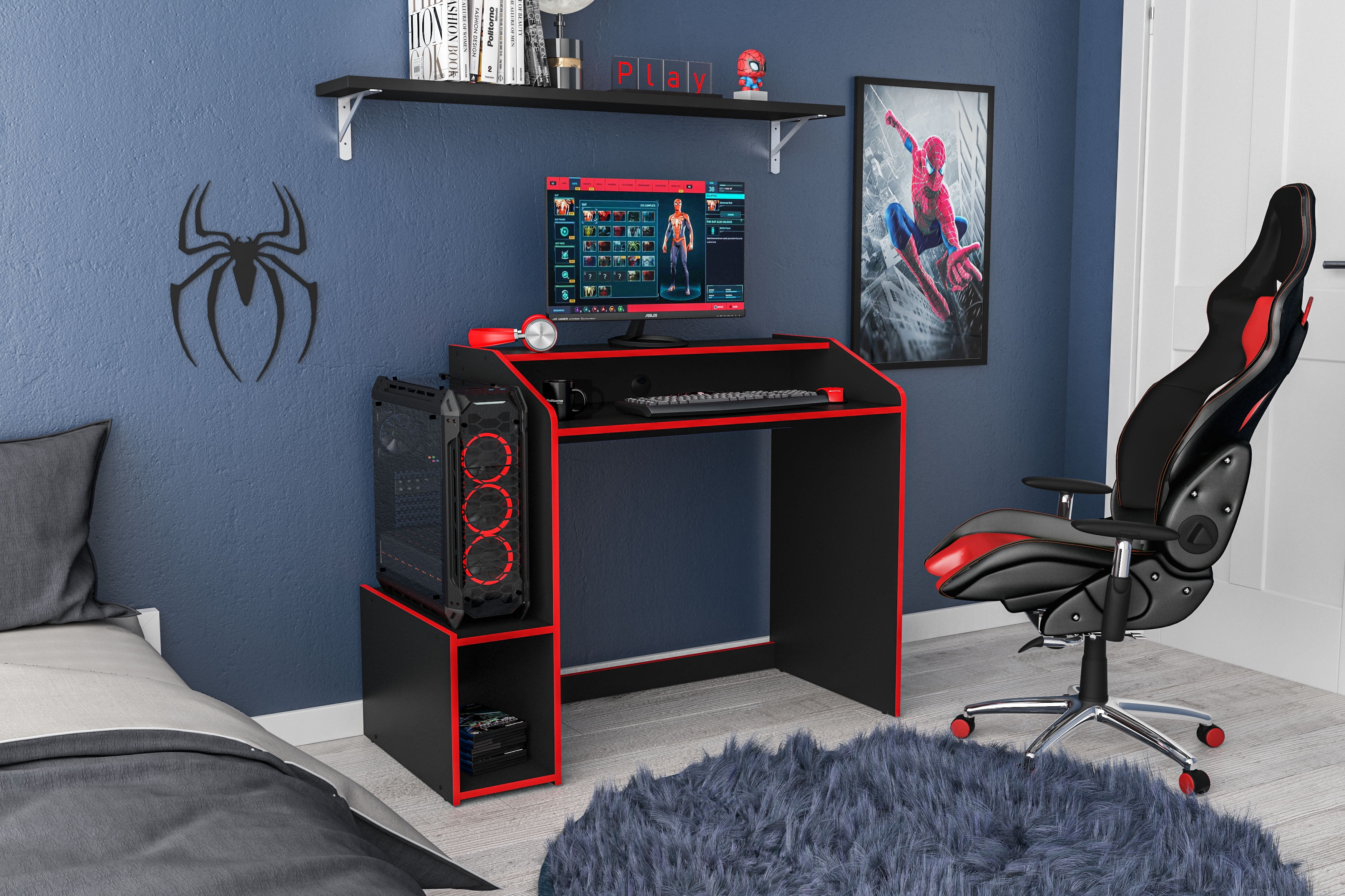 Polifurniture Legend 45.5 in. Computer Gaming Desk with Storage, Black and Red - Image 7