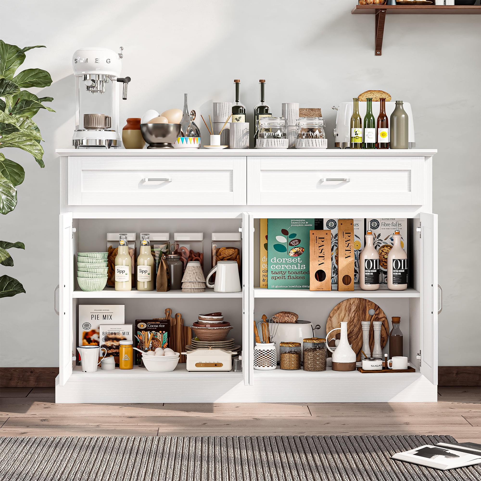 Homfa Modern Kitchen Sideboard Buffet Table, 4 Door 2 Drawer Wood Storage Cabinet Coffee Bar for Living Room Entryway, White - Image 2