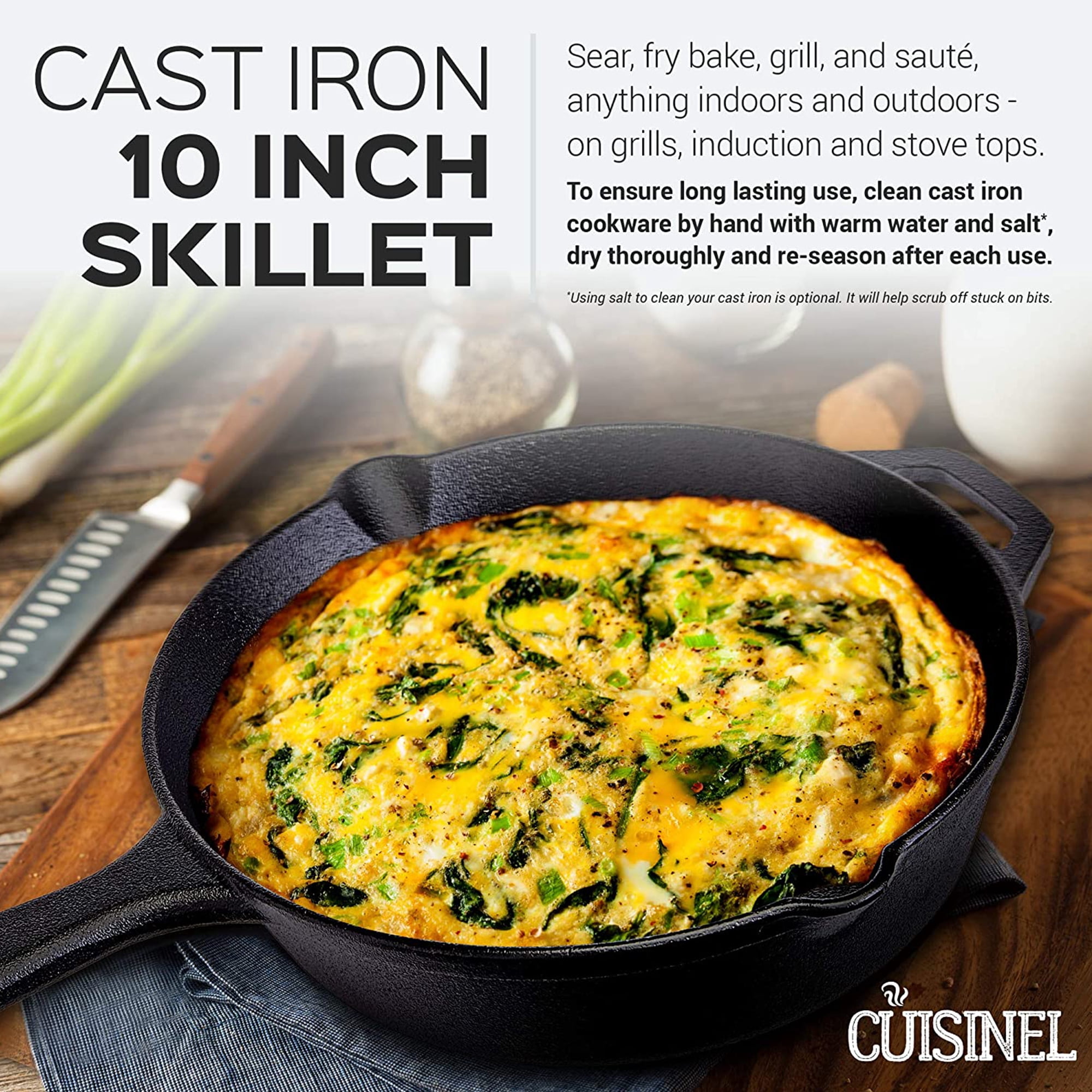 Cuisinel Cast Iron Skillet with Lid Kitchen Cookware Pre-Seasoned 10” - Image 6